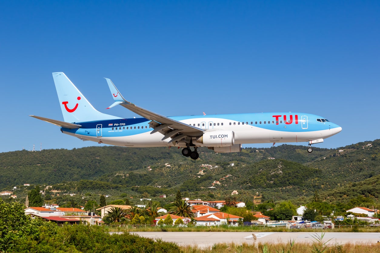 A Tui flight landing on the Greek island of Skiathos