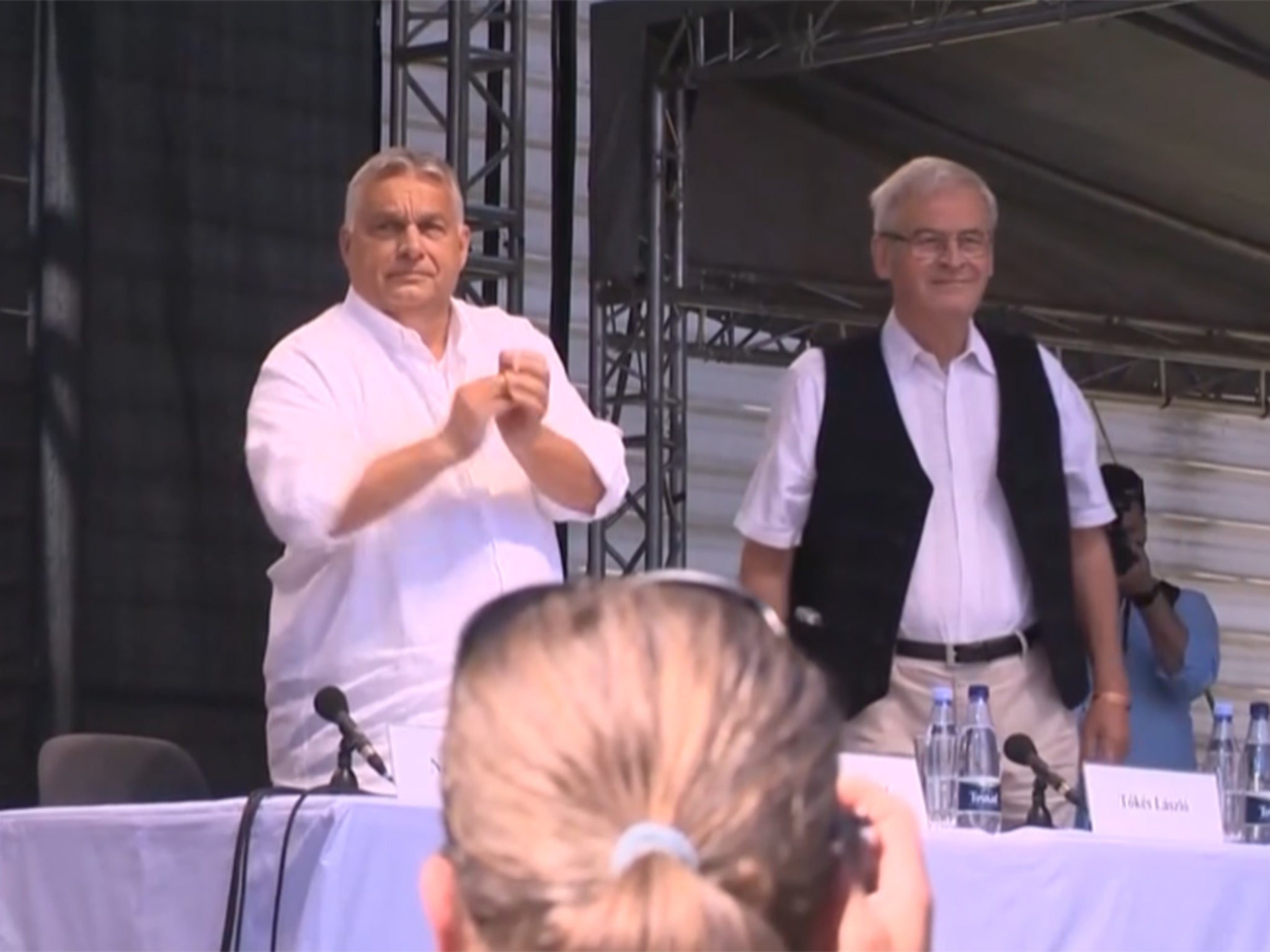 Orban appears before a crowd at Baiule Tusnad on Saturday