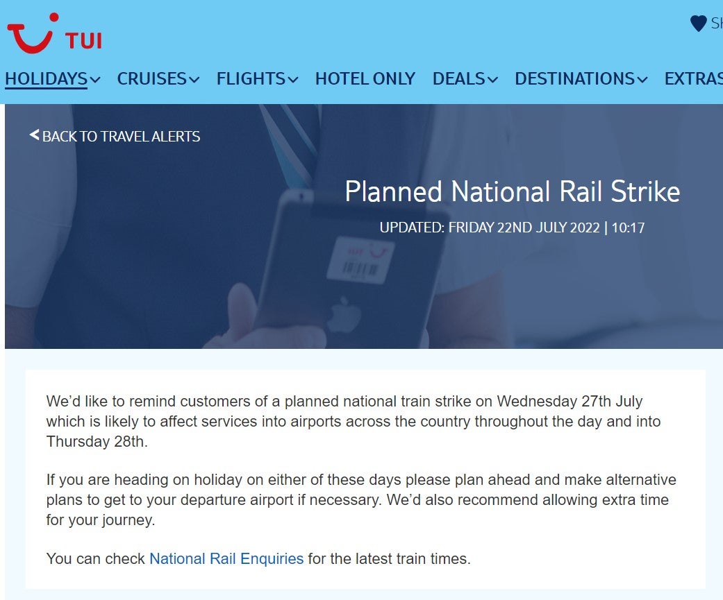 Tui is warning customers to leave extra time to reach the airport