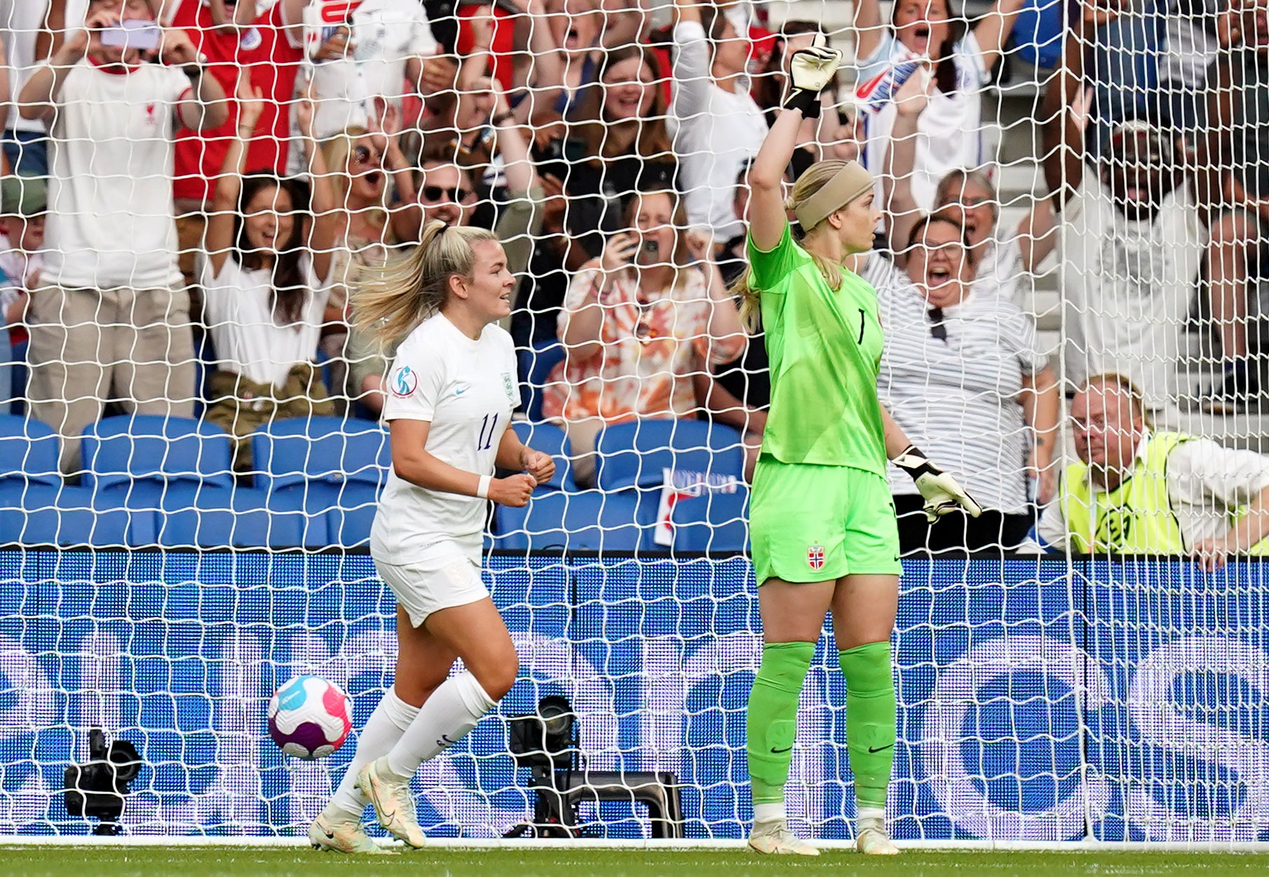 Lauren Hemp, left, celebrates her goal against Norway (Gareth Fuller/PA)