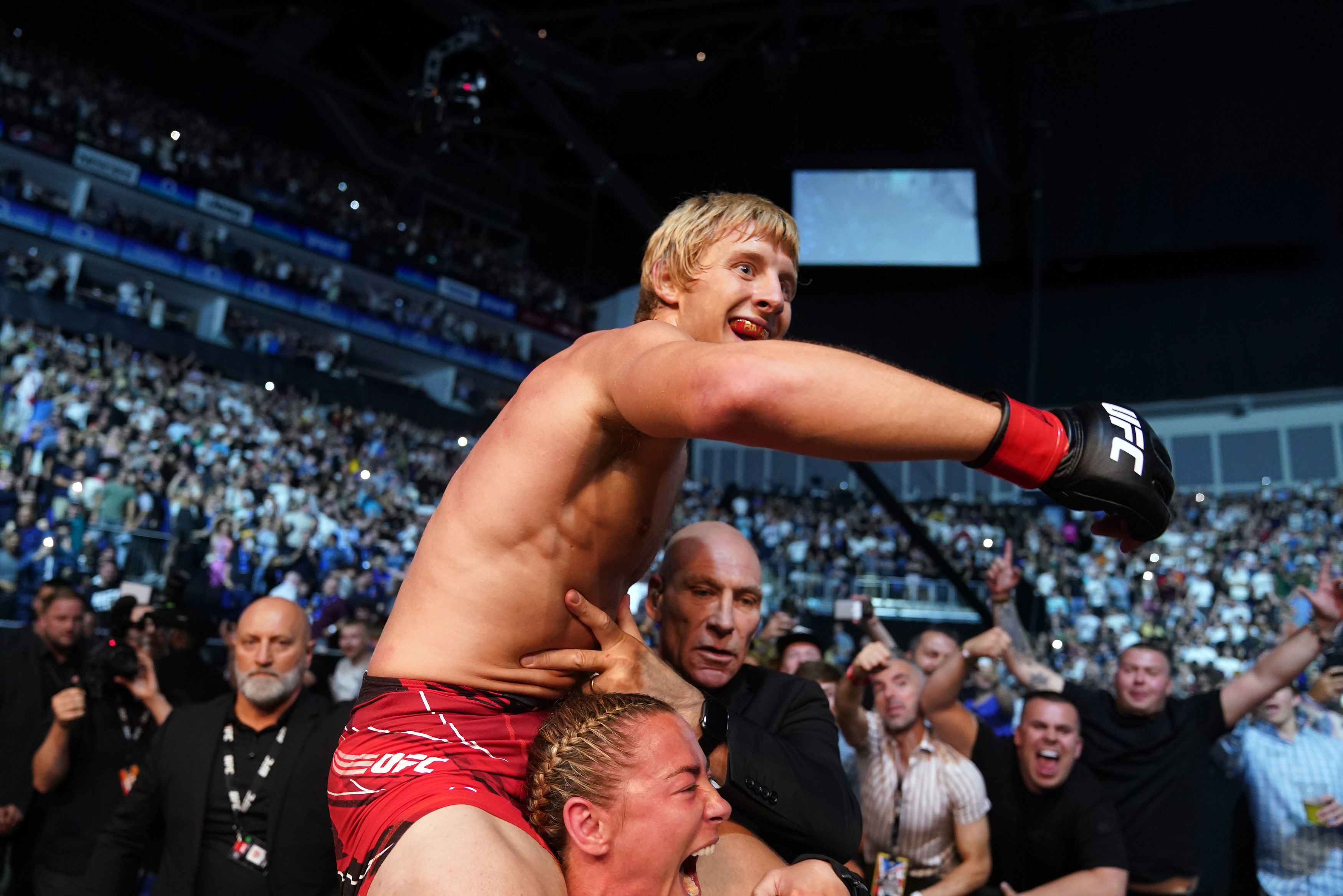 Pimblett celebrates with friend and fellow Liverpudlian Molly McCann