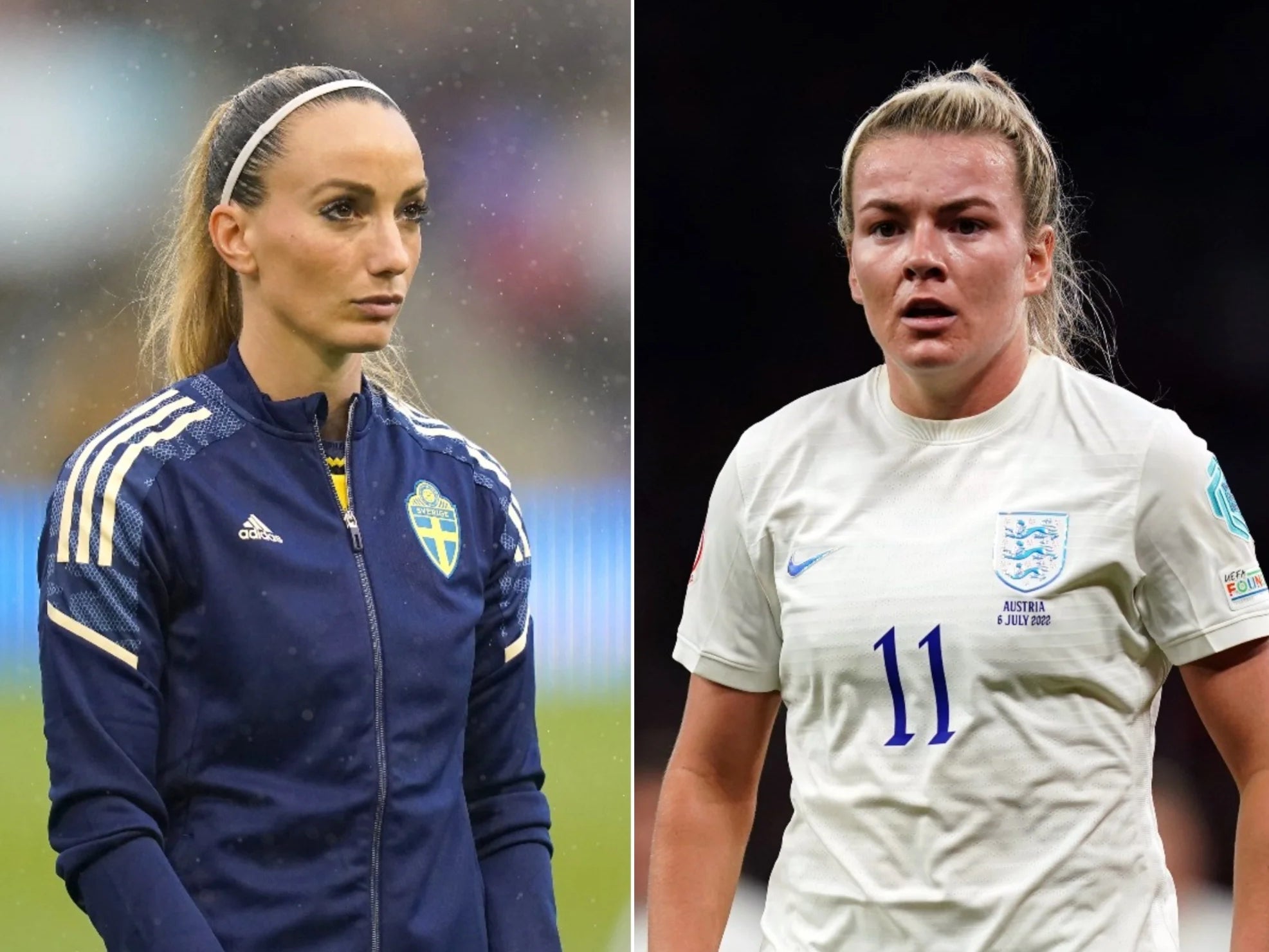 Kosovare Asllani, left, and Lauren Hemp go head to head on Tuesday (Nick Potts/Martin Rickett/PA)