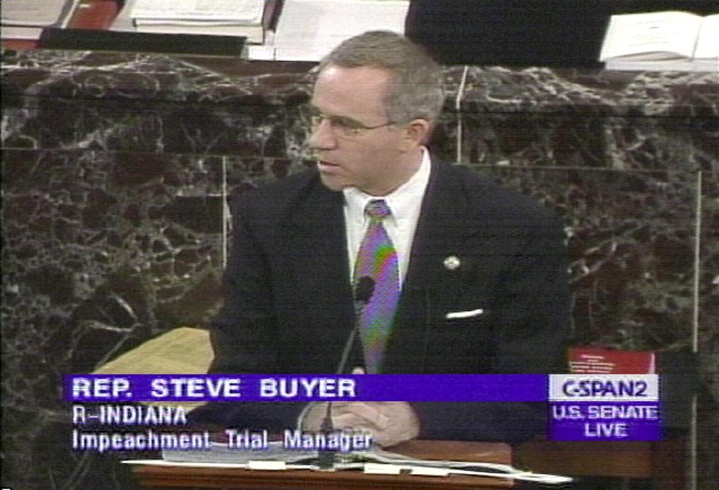 US Rep Steve Buyer, R-IN, one of the house trial manager for the impeachment trial, makes opening statements in the impeachment trial of US President Bill Clinton