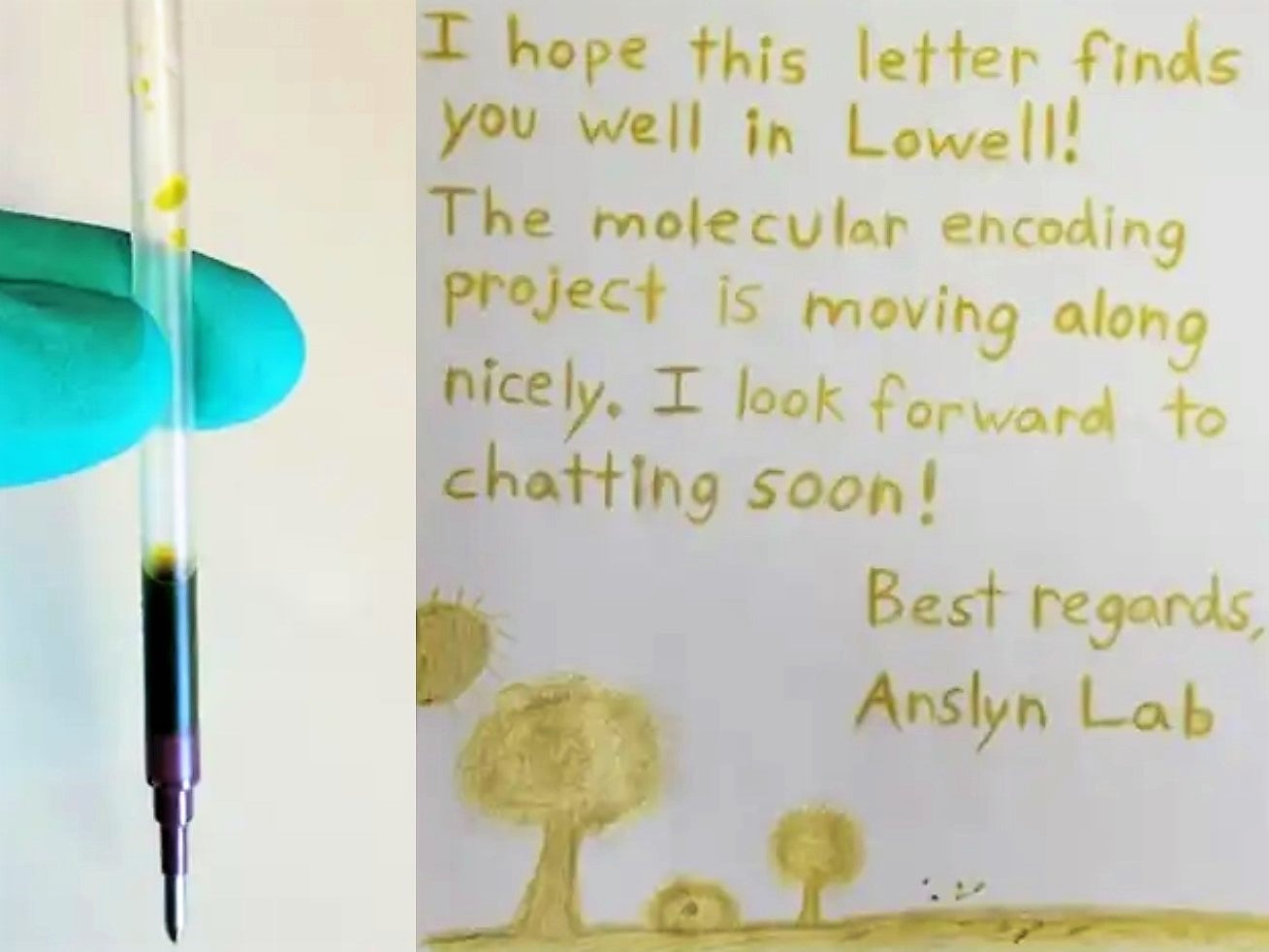 A letter written with the ink containing a molecular encryption key