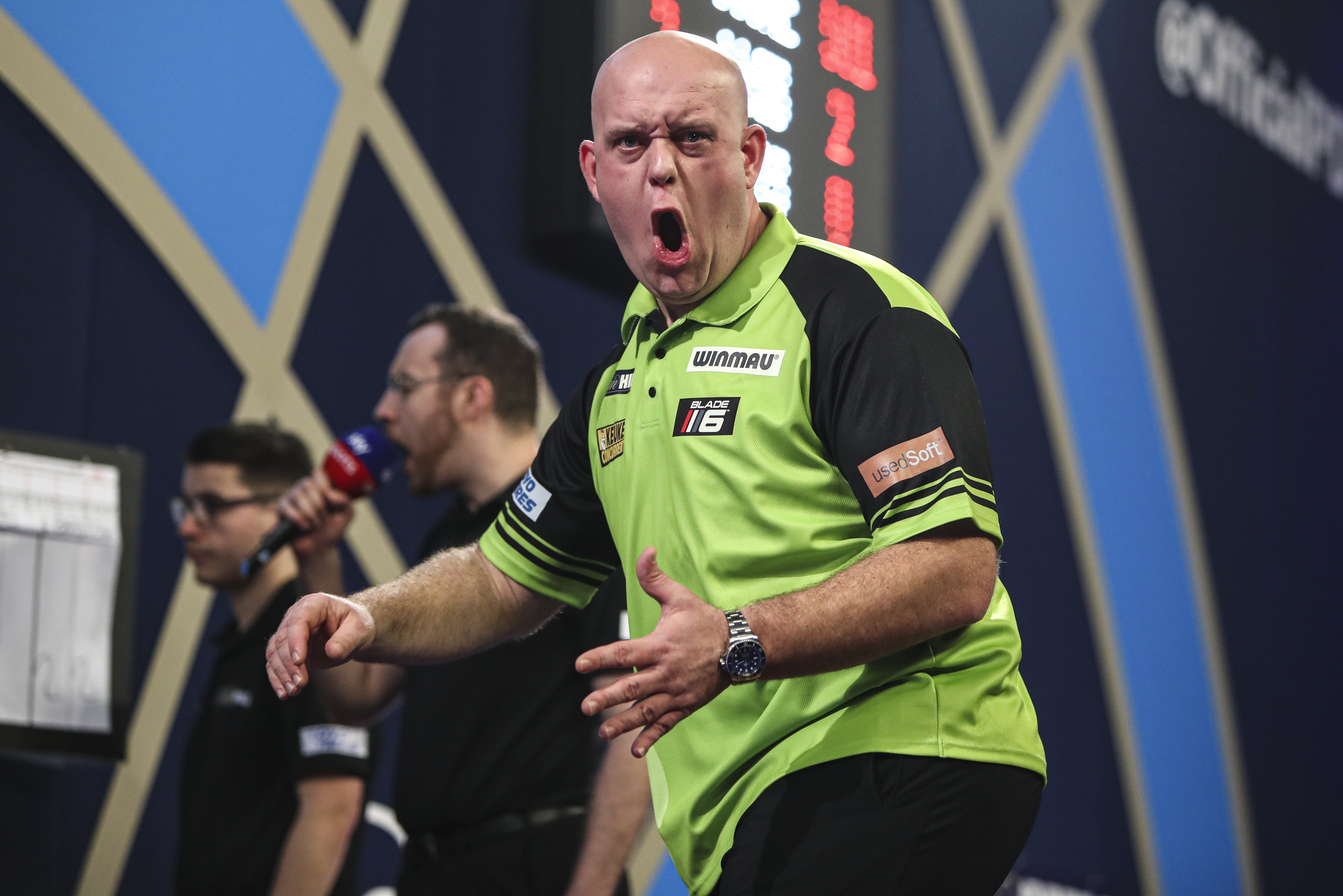 Michael Van Gerwen was celebrating (Kieran Cleeves/PA)