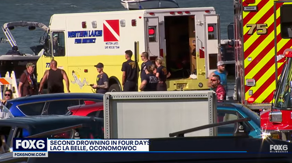 First responders arrive at Lac La Belle after the Western Lakes Fire District reported an ‘active drowning incident’ at the Wisconsin lake on Sunday evening