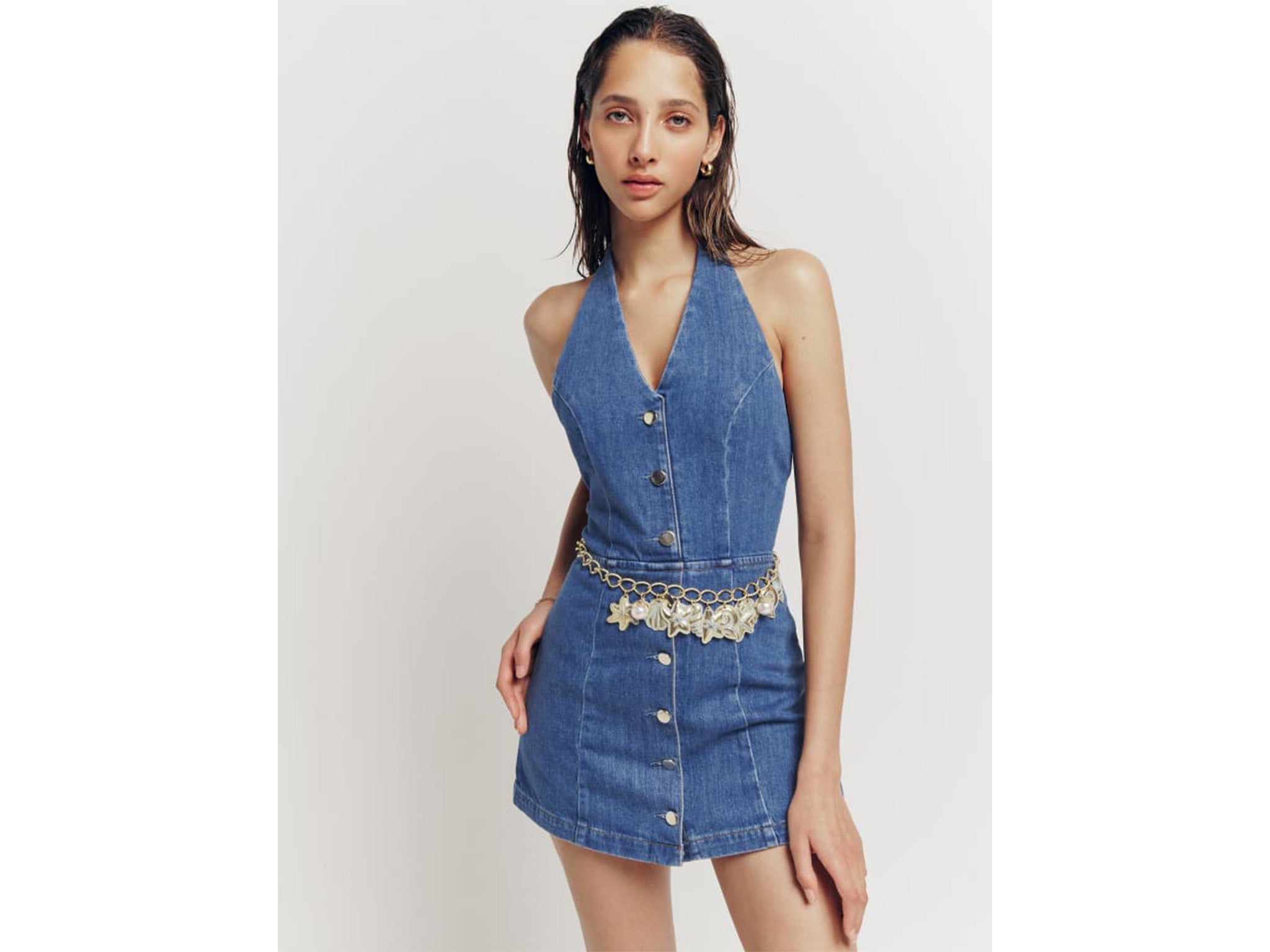 Reformation Pamela halter denim mini skort dress