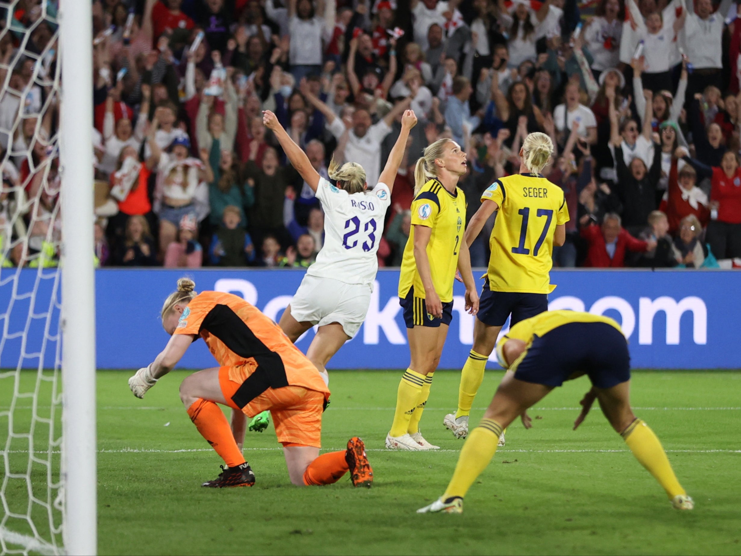 Backheel brilliance: Russo scored a sensational third for England