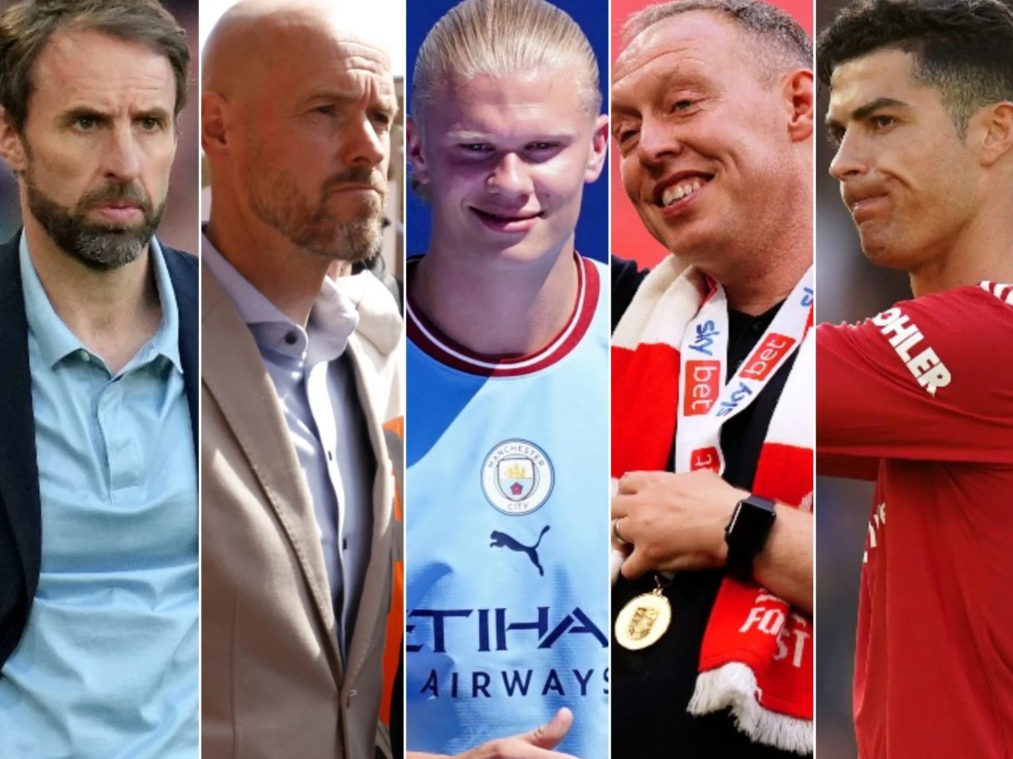 England manager Gareth Southgate, Manchester United boss Erik ten Hag, Manchester City striker Erling Haaland, Nottingham Forest head coach Steve Cooper, and Cristiano Ronaldo, left to right, each have pressure to perform during the forthcoming Premier League season