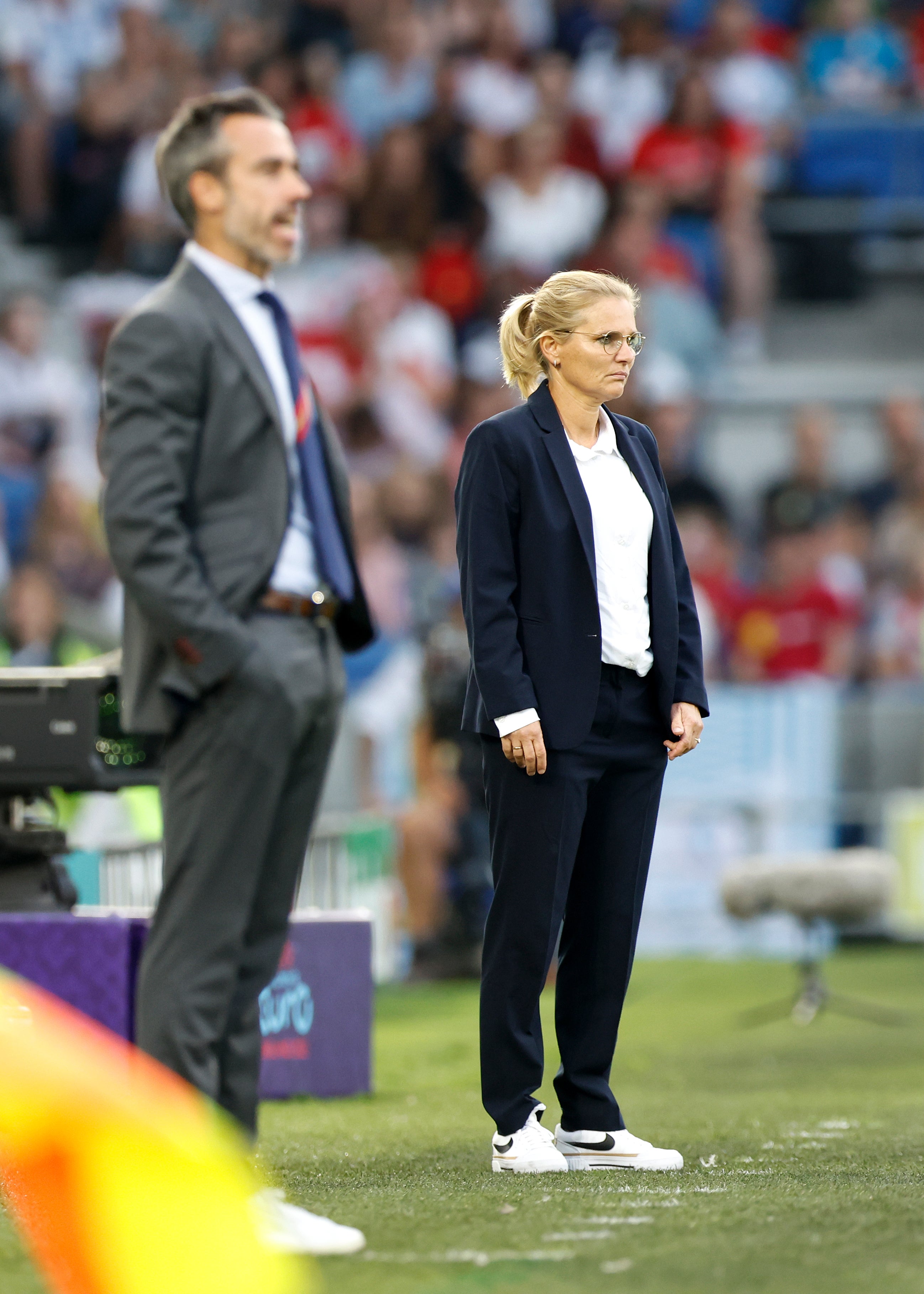 Sarina Wiegman, Manager of England looks on during the UEFA Women's Euro 2022 Quarter Final match between England and Spain at Brighton & Hove Community Stadium on July 20, 2022