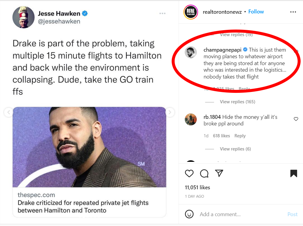 Drake responds to backlash over private jet flights between Toronto and Hamilton