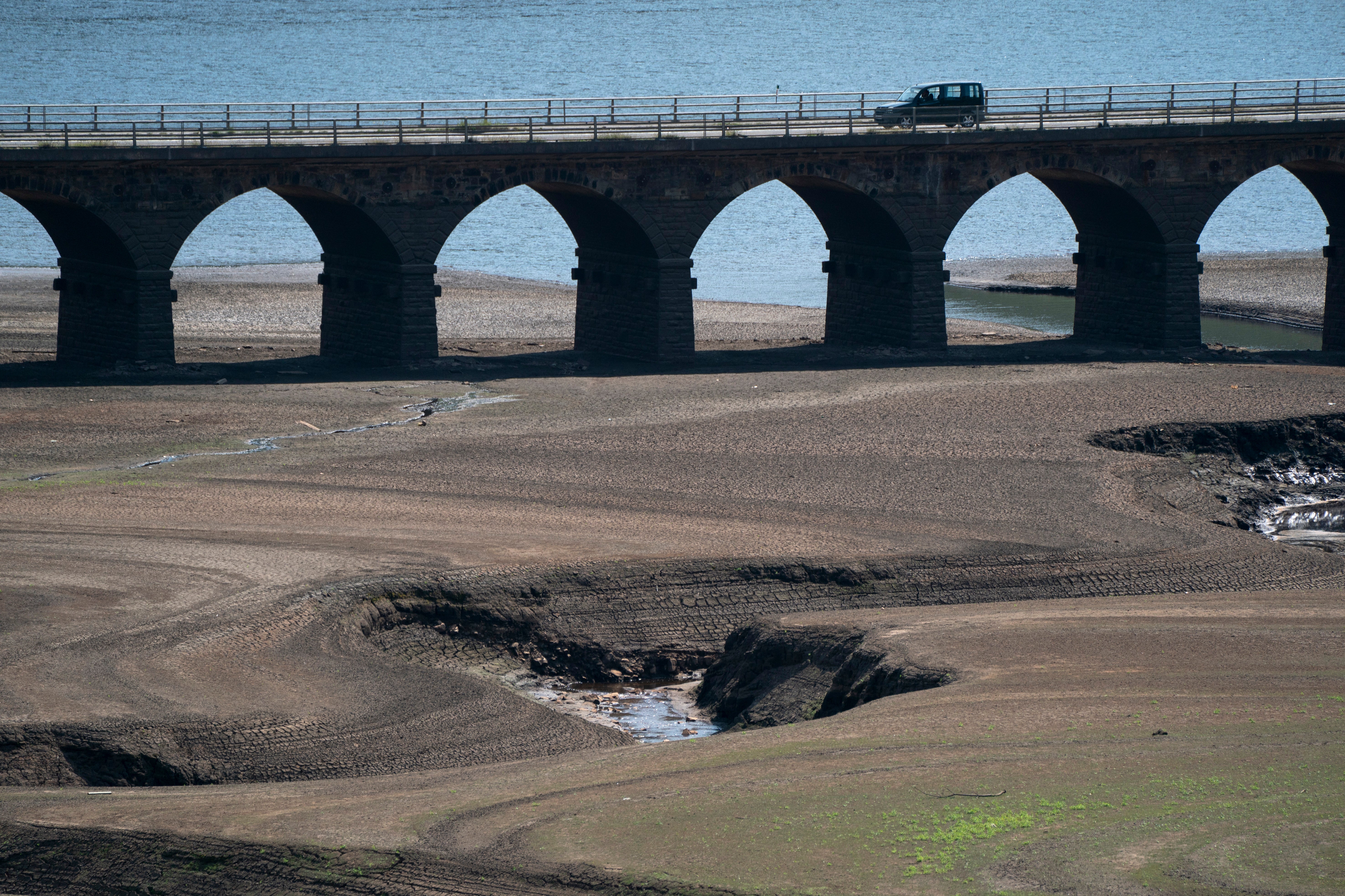 Traffic crosses a bridge at Woodhead Reservoir in West Yorkshire