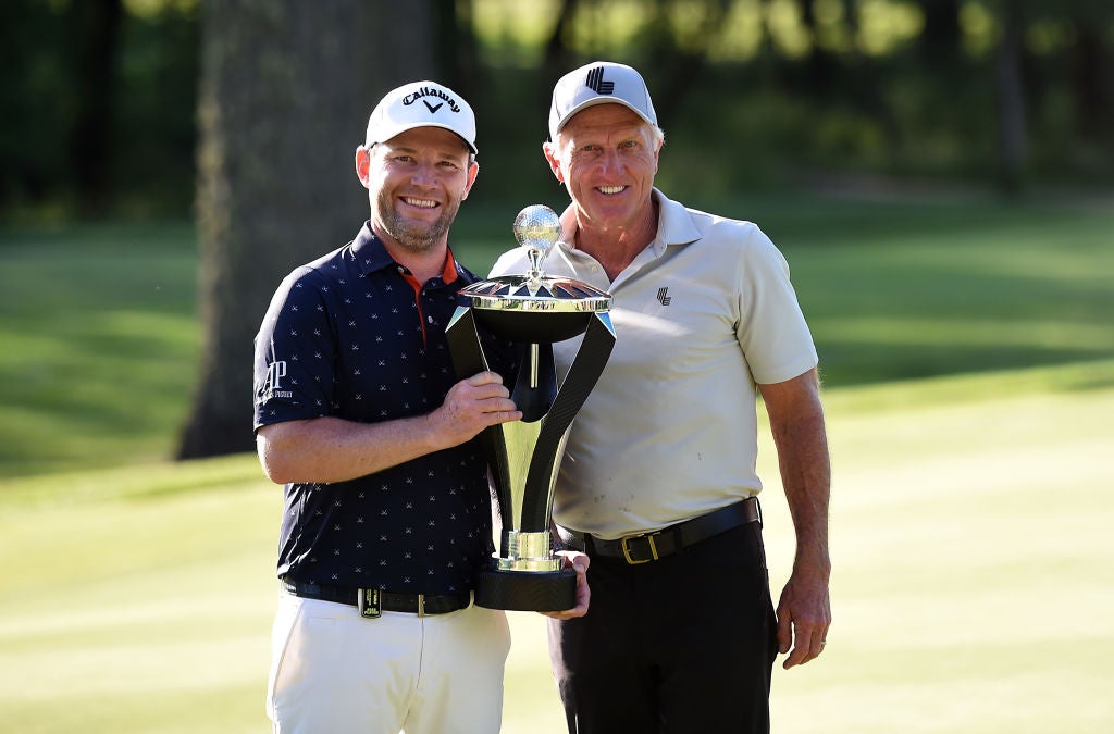 Brandon Grace, the winner of LIV Golf’s second event, and its CEO Greg Norman