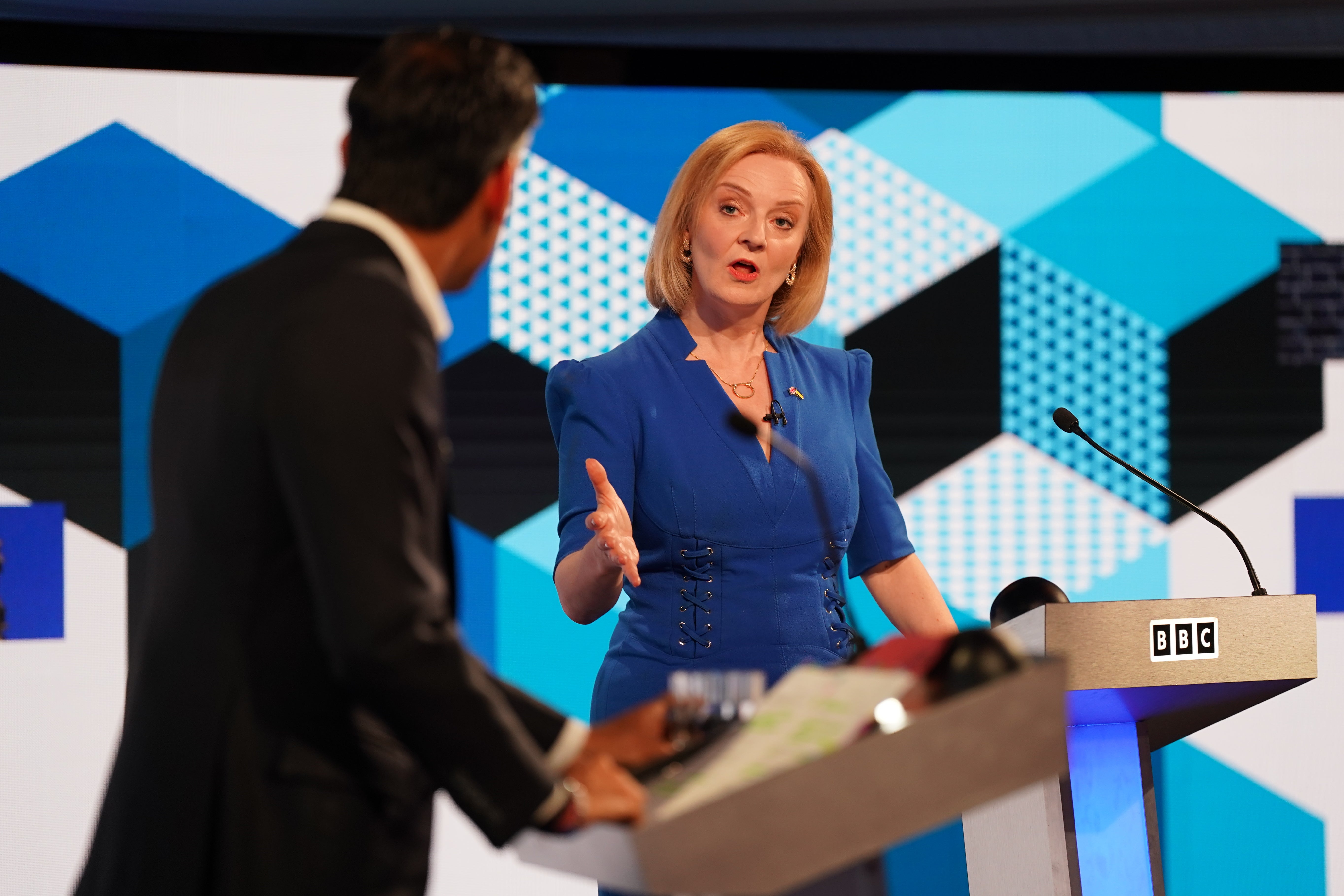 Rishi Sunak and Liz Truss taking part in the BBC Tory leadership debate (Jacob King/PA)