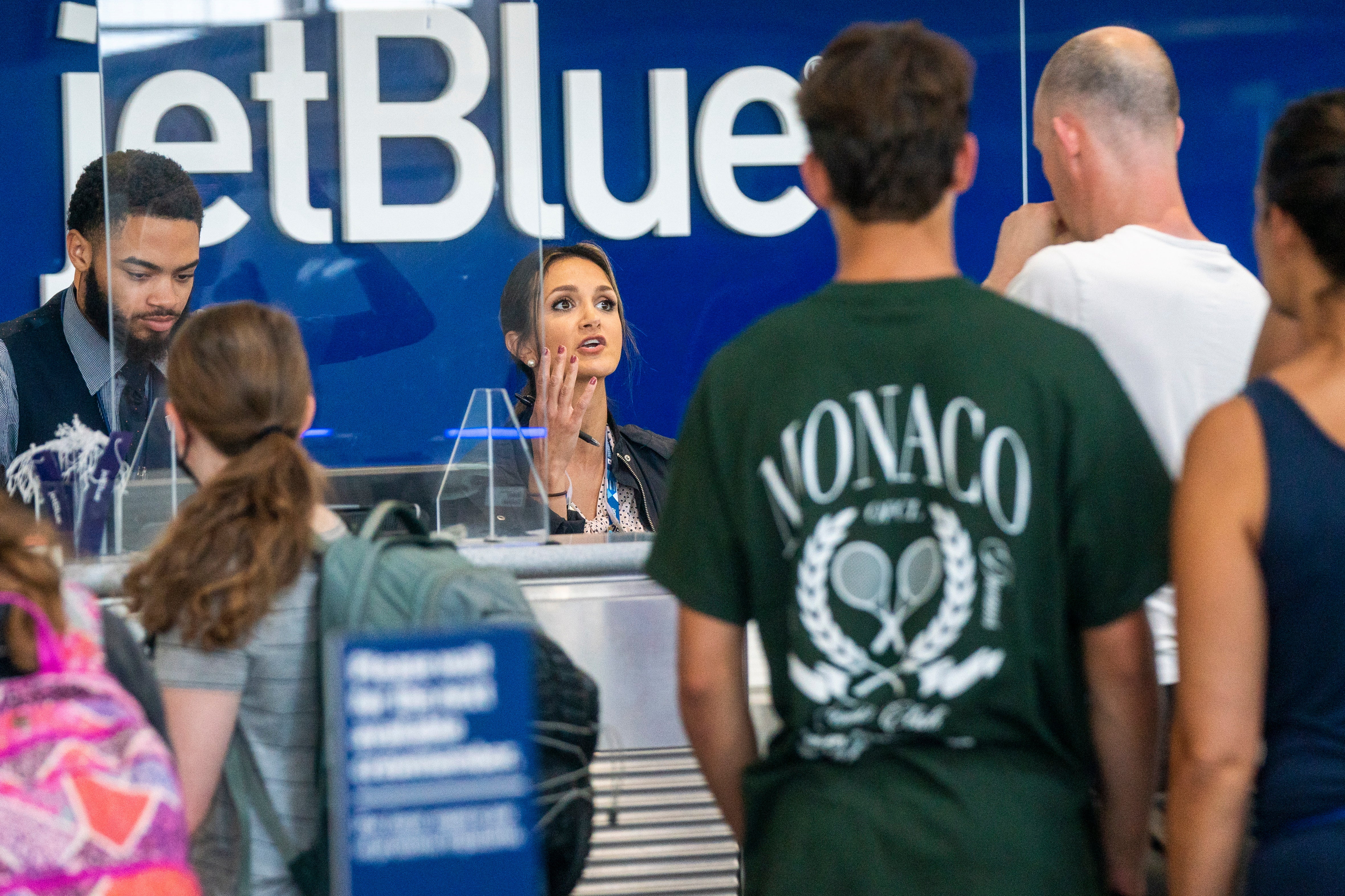 A JetBlue checkin desk at Ronald Reagan Washington National Airport in Arlington, Virginia