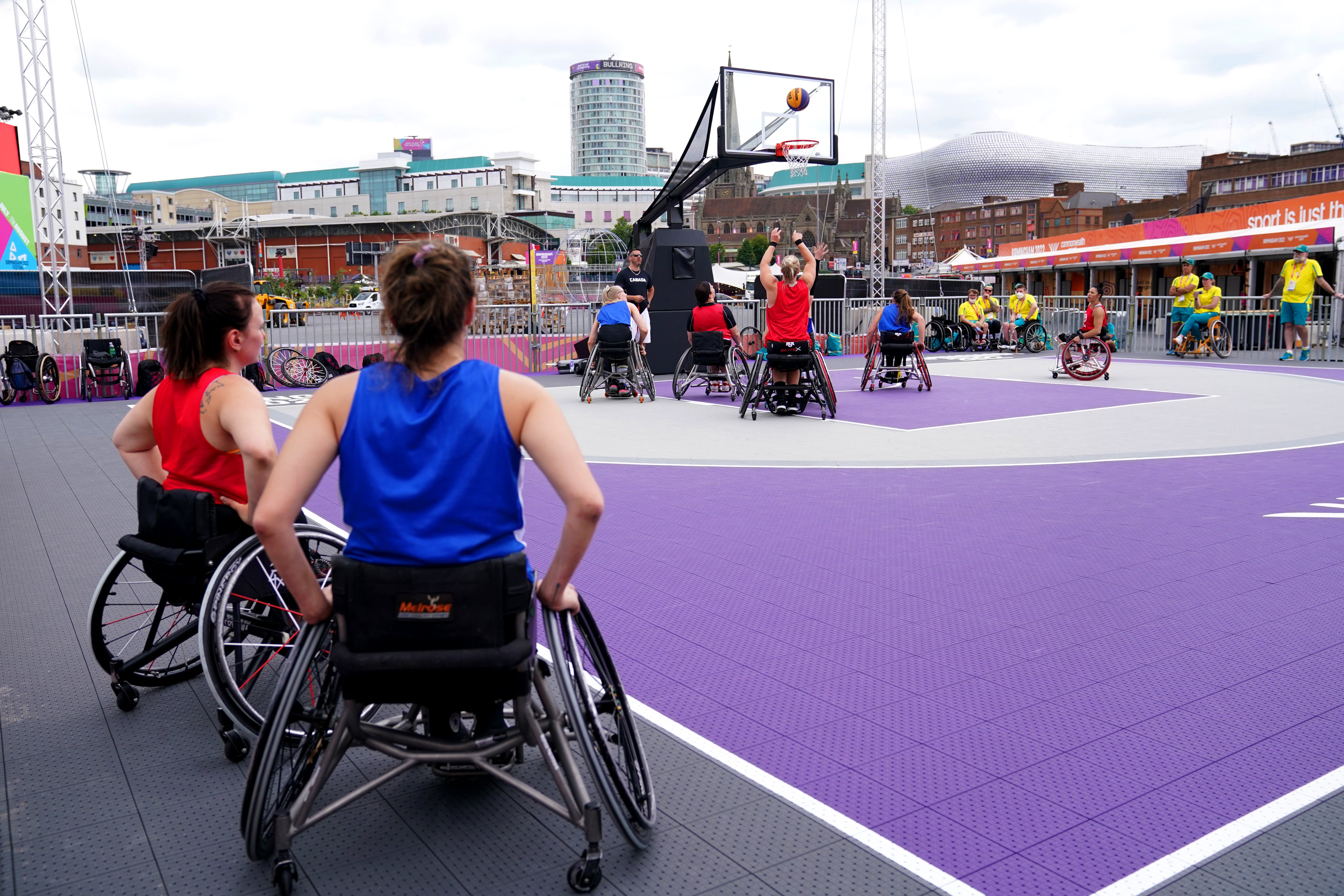 The Canada team during a 3×3 Wheelchair Basketball practice session at the Smithfield site ahead of the Commonwealth Games. Picture date: Wednesday July 27, 2022 (PA)