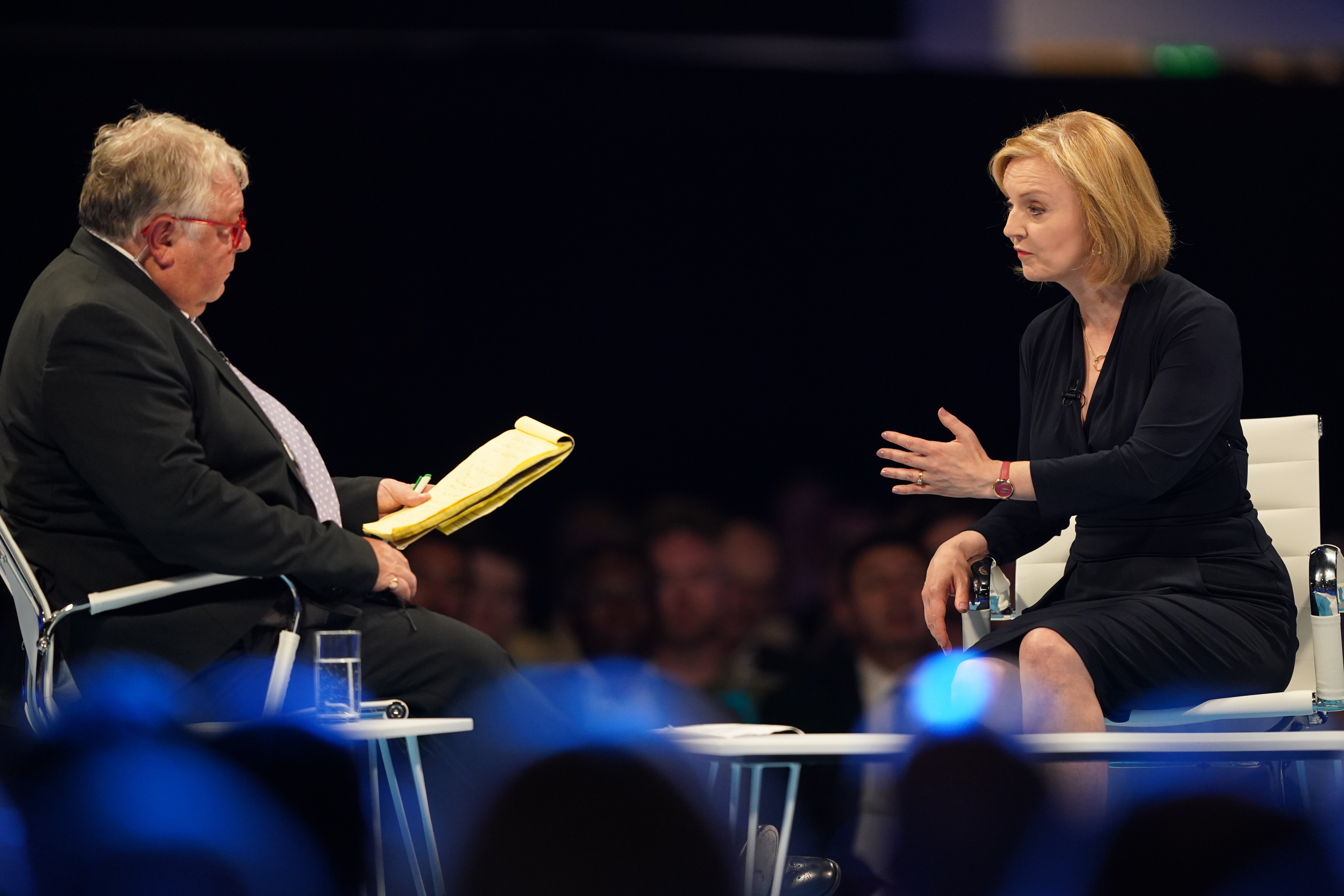 Host Nick Ferrari speaking with Conservative leadership candidate Liz Truss (Owen Humphreys/PA)