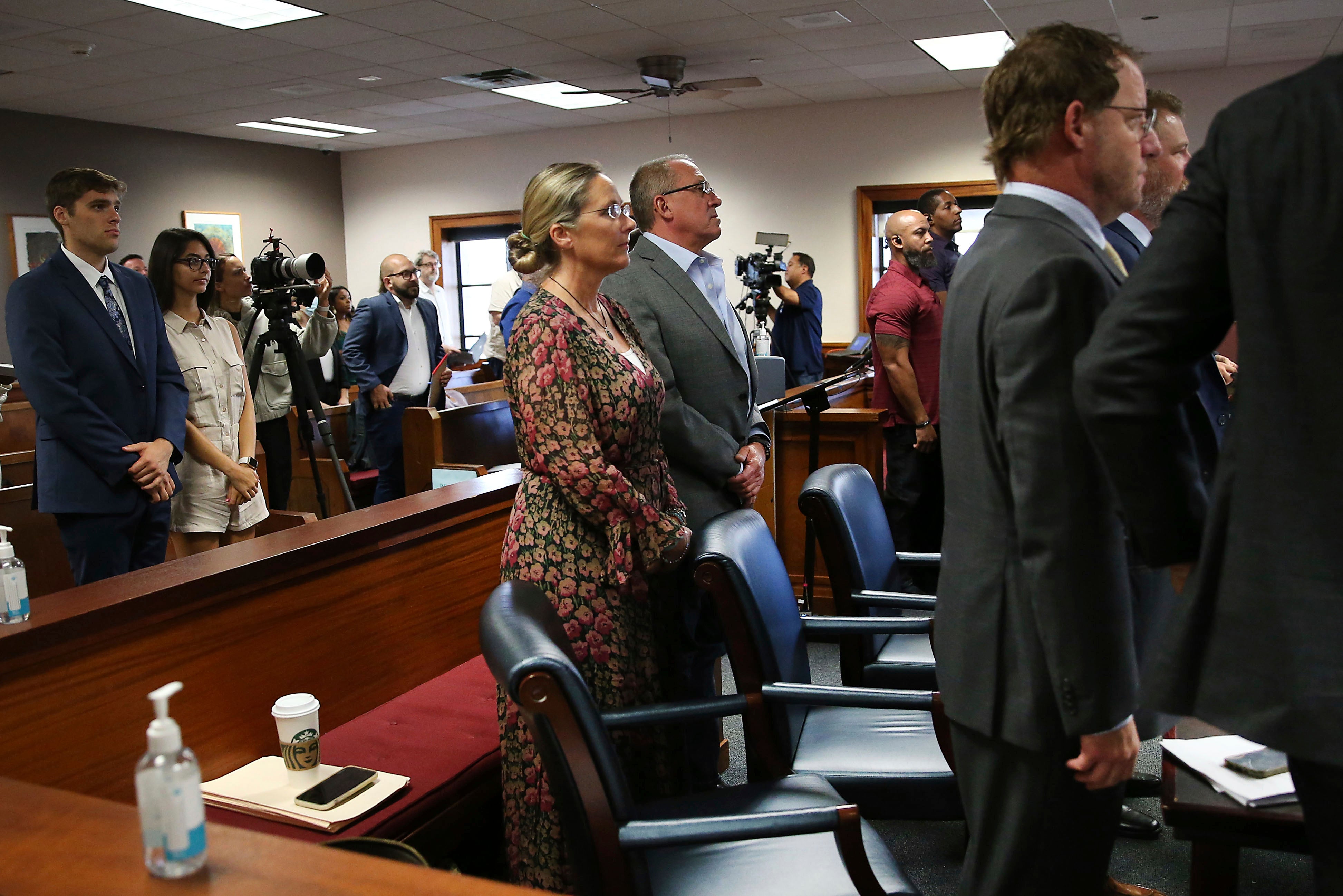 Scarlett Lewis and Neil Heslin in court during Alex Jones’ defamation trial