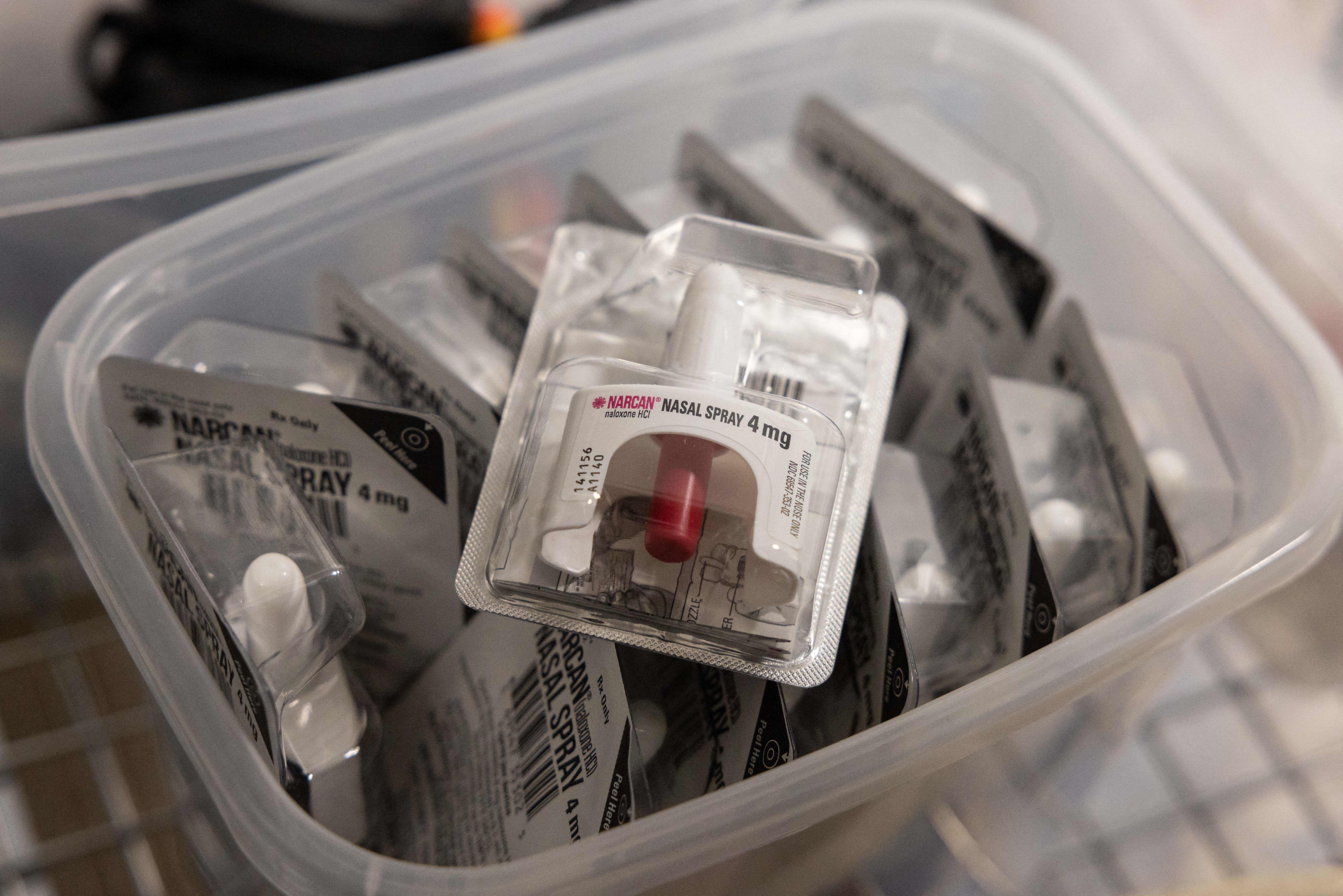 Naloxone nasal spray, an overdose-reversing medication, is shown at a supervised injection site in New York City