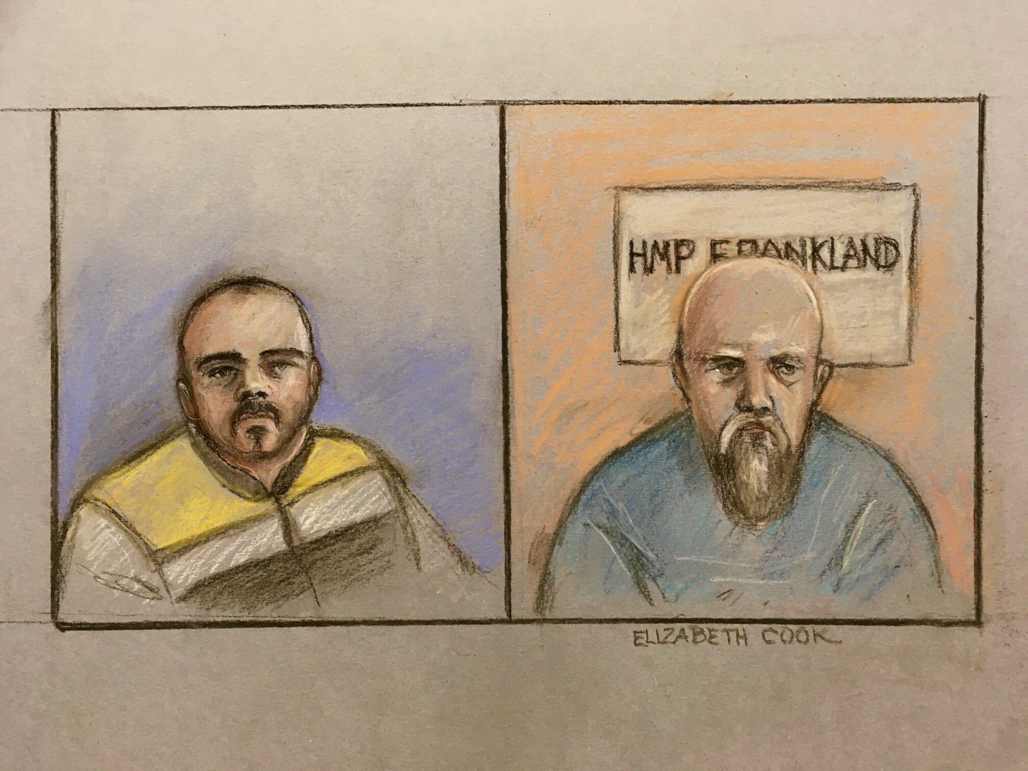 Court artist sketch by Elizabeth Cook of Jordan Monaghan (left) and Wayne Couzens as they view, via videolink, a hearing at the High Court in London (PA)