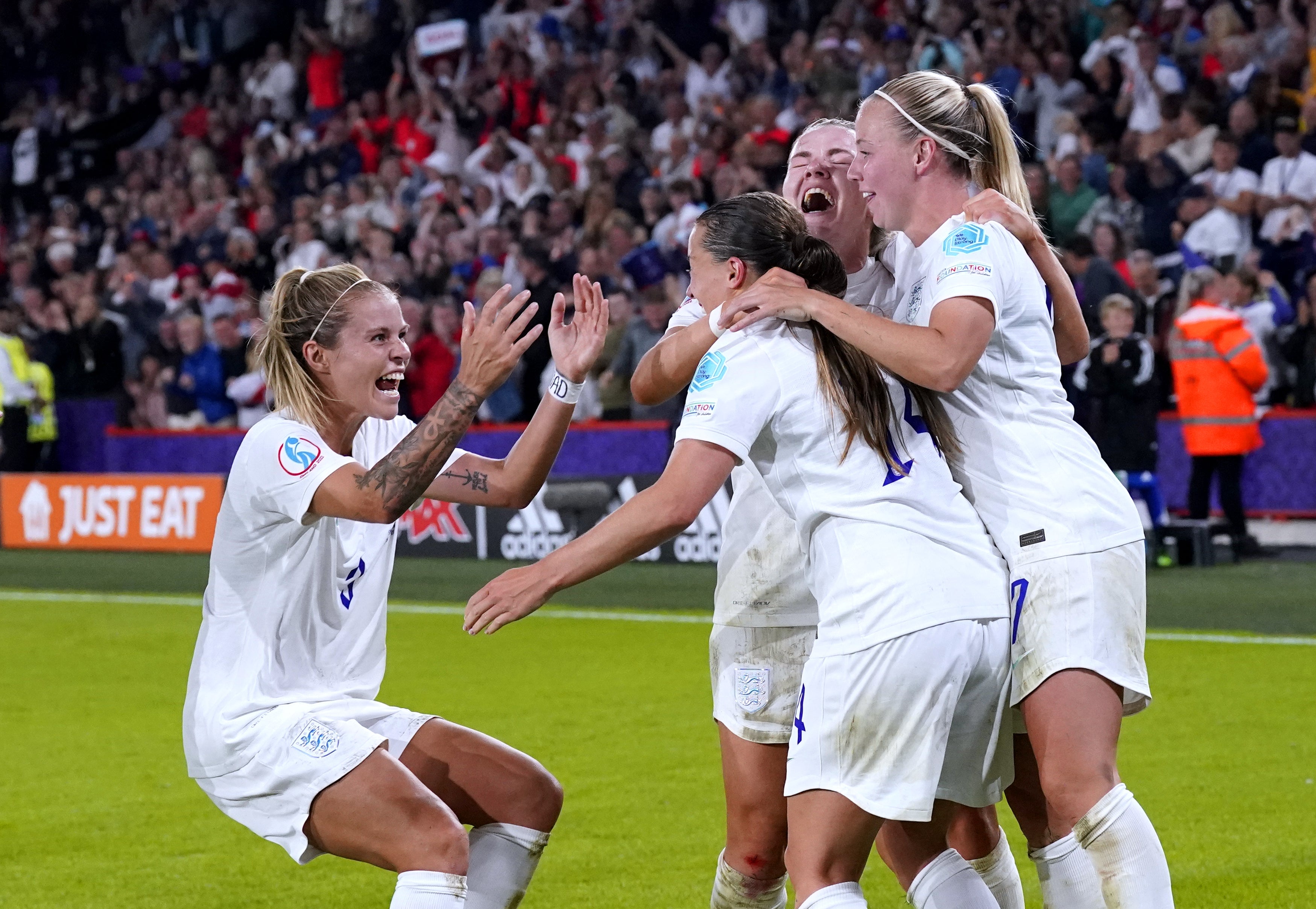 England players celebrate after team-mate Fran Kirby scores their side’s fourth goal of the game during the UEFA Women’s Euro 2022 semi-final match at Bramall Lane, Sheffield (Danny Lawson/PA)