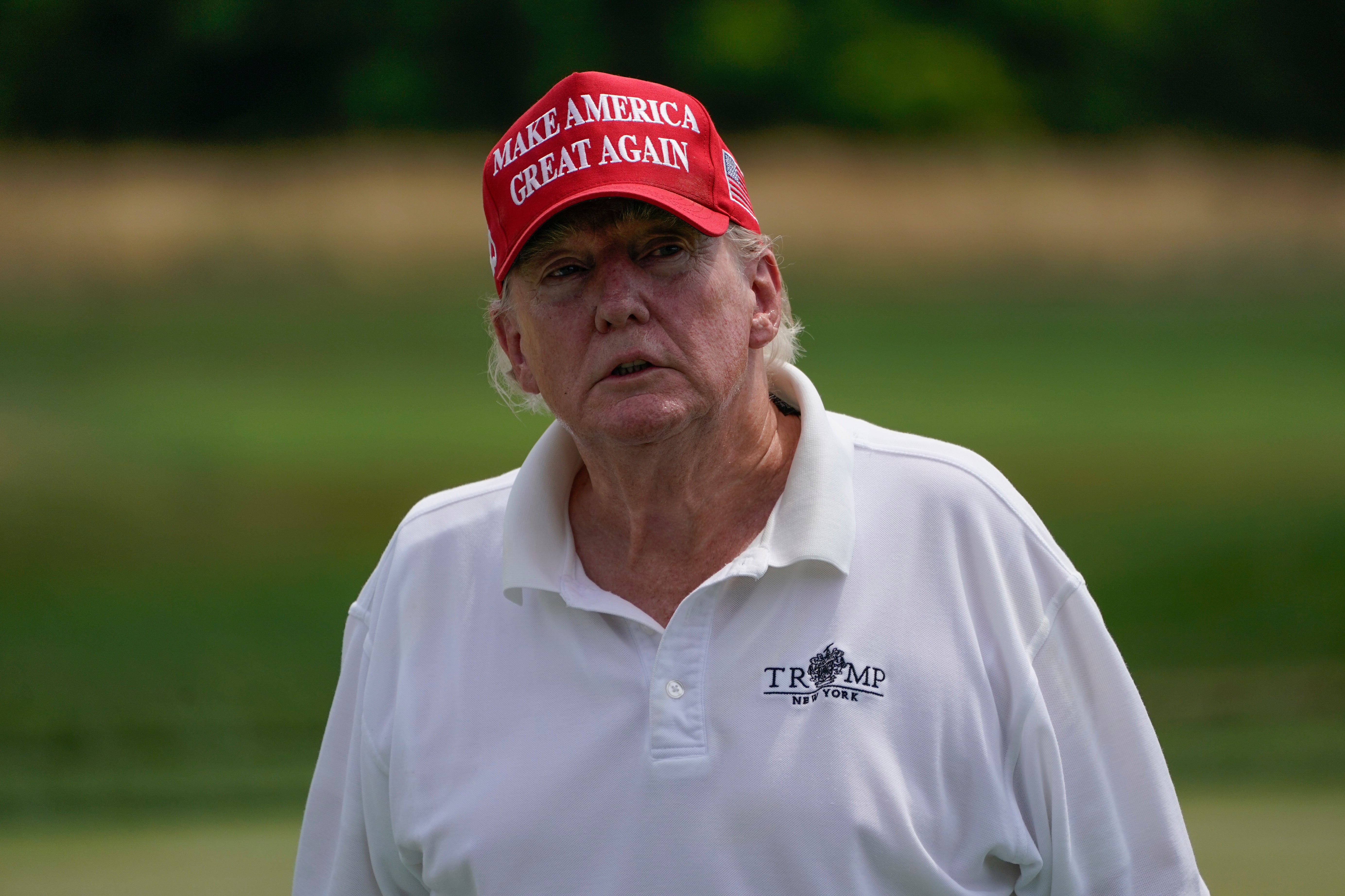 Donald Trump plays during the pro-am round of the Bedminster Invitational LIV Golf tournament in Bedminster on Thursday