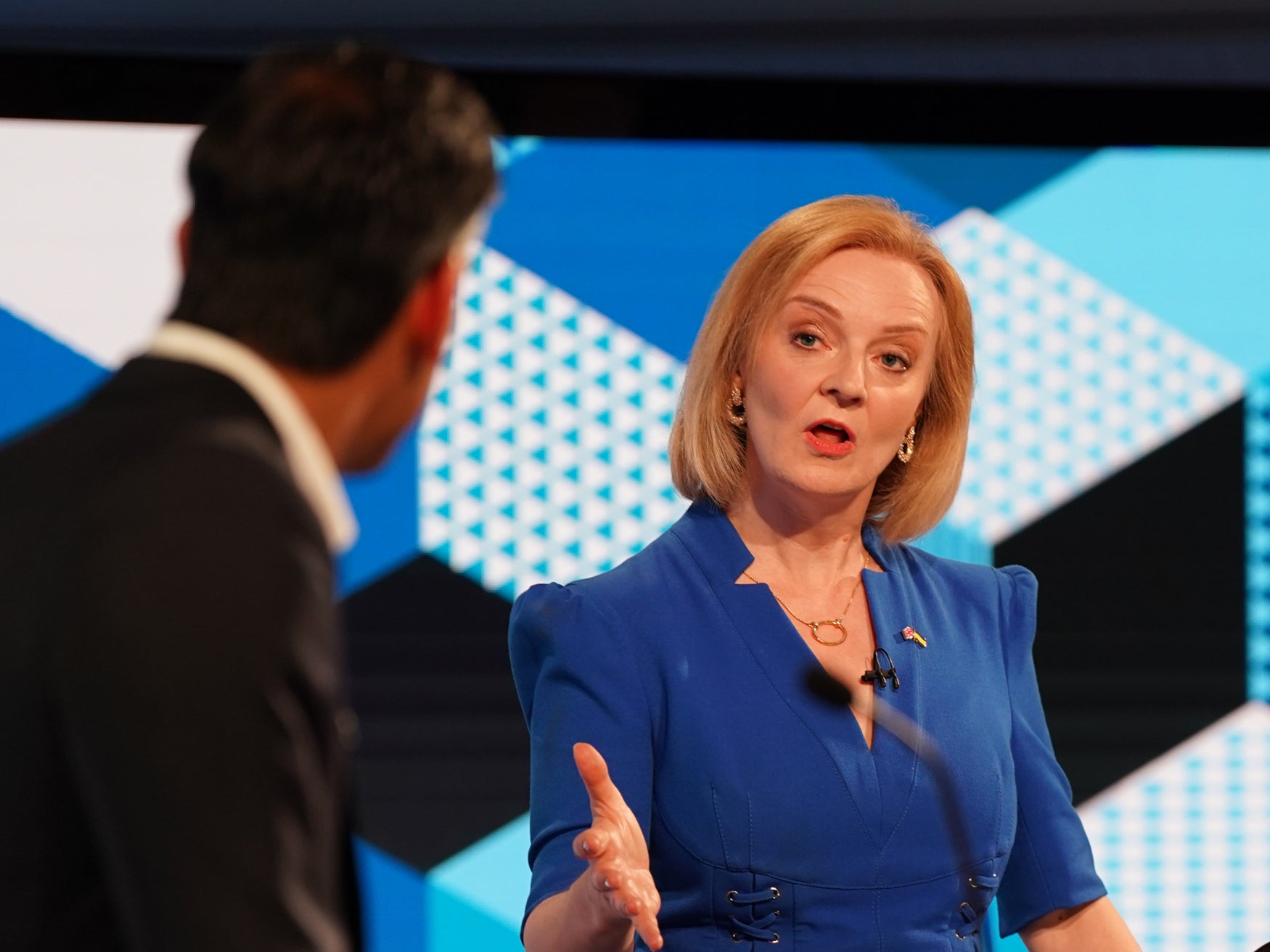 Liz Truss debating Rishi Sunak during the BBC Leadership debate at Victoria Hall on 25 July