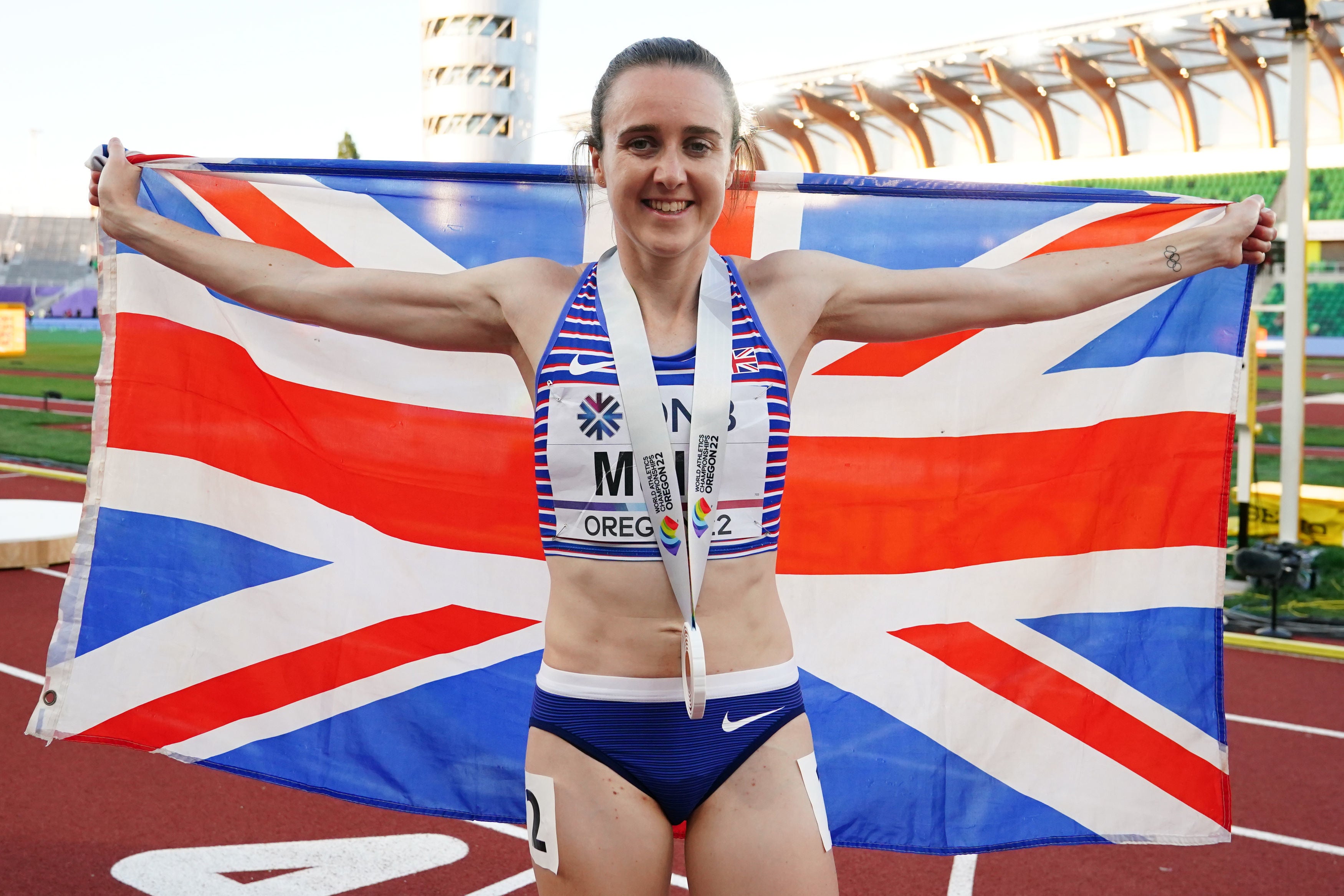 Great Britain’s Laura Muir celebrates winning bronze in Eugene