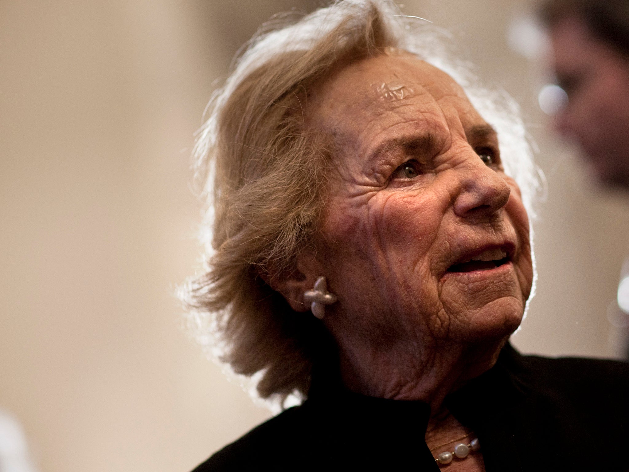 Ethel Kennedy talks with people during an event in the room where John F. Kennedy announced his candidacy for US president on Capitol Hill January 20, 2011 in Washington, DC. The 96-year-old suffered a stroke and is now being treated in the hospital