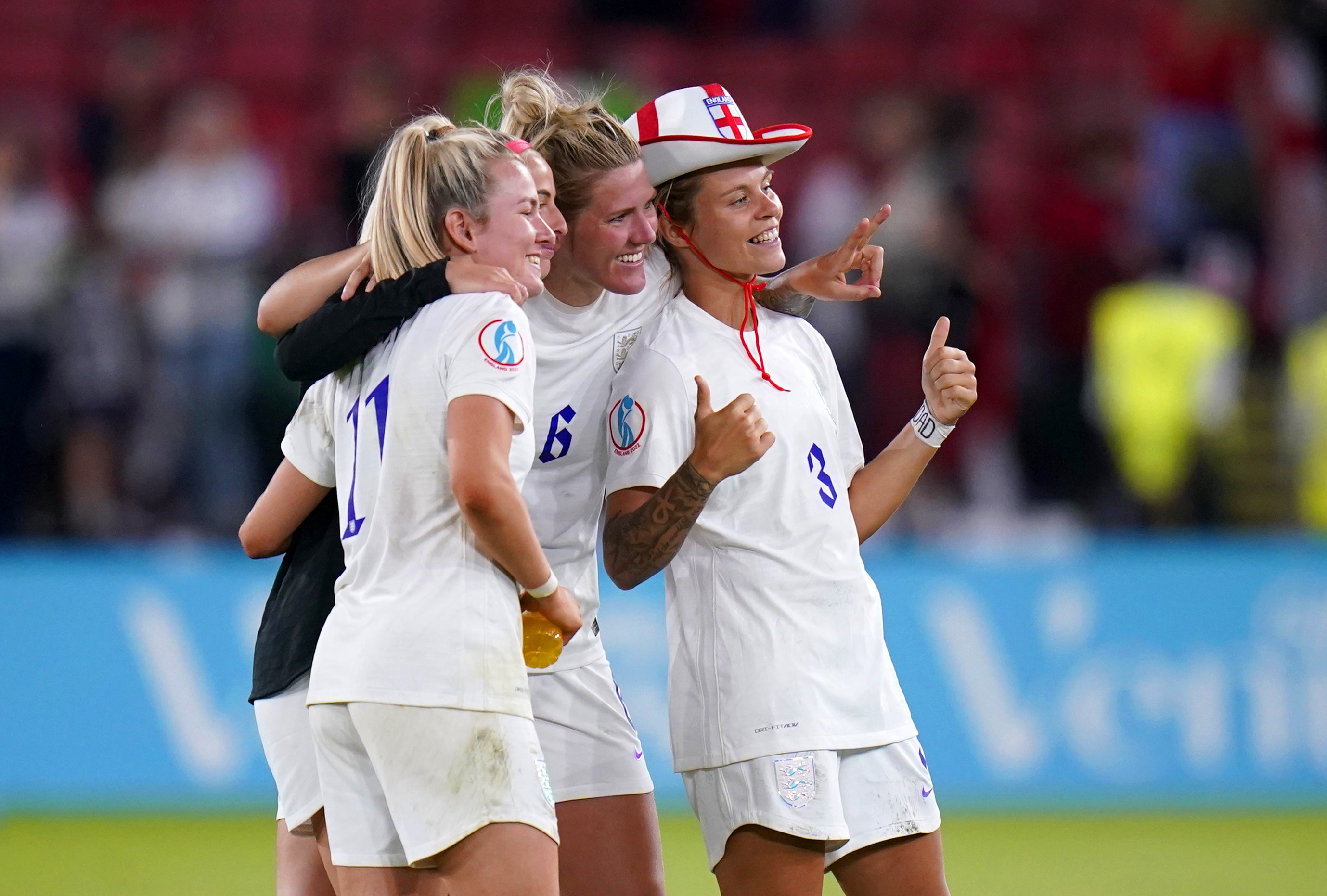 Daly (right), Millie Bright and Lauren Hemp celebrate reaching the Euro 2022 final (Danny Lawson/PA)