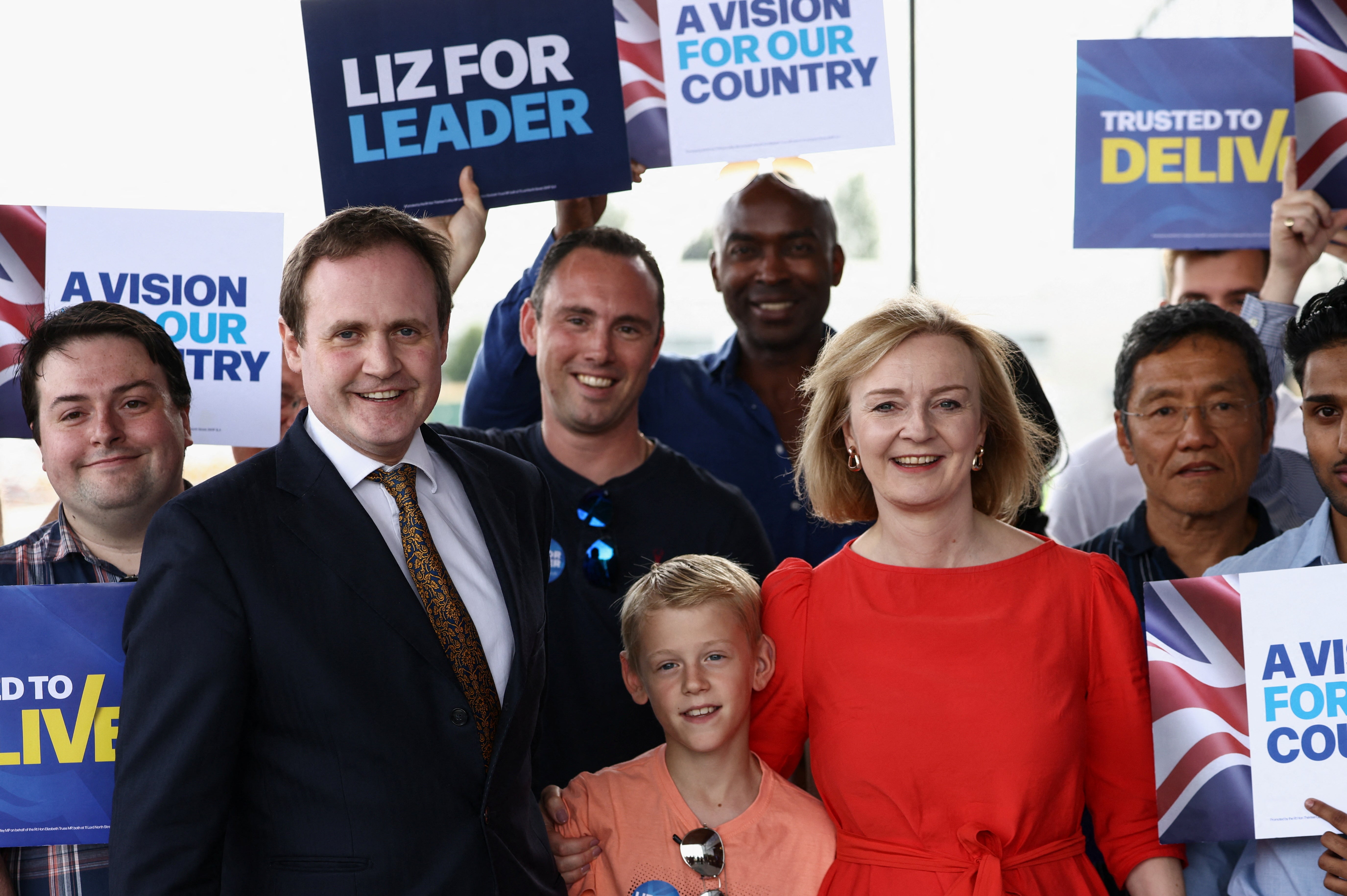 Former leadership contender Tom Tugendhat appears on the campaign trail with Liz Truss on Saturday