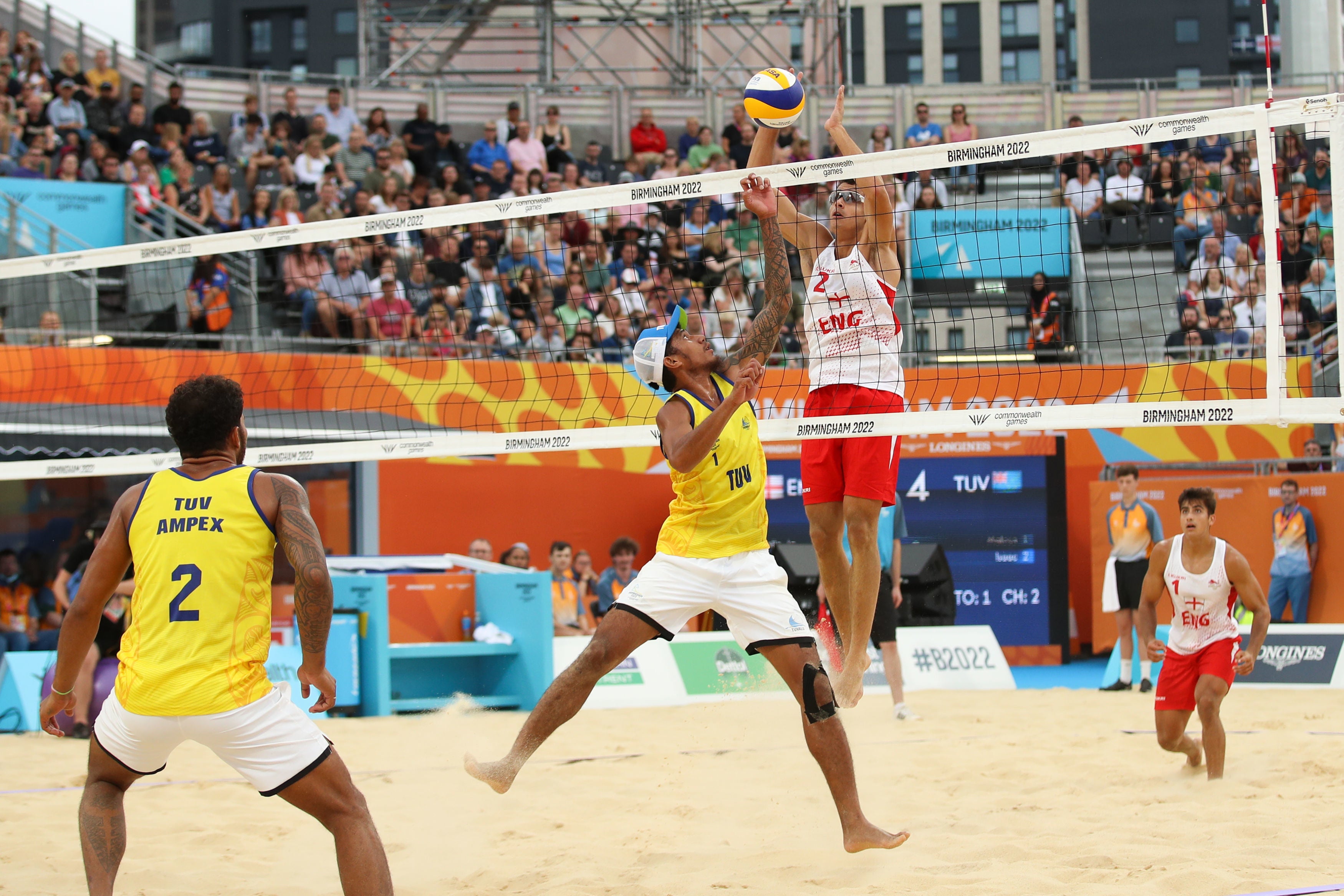 Team England triumphed 21-10, 21-12 over the Tuvalu duo in the men’s beach volleyball opener