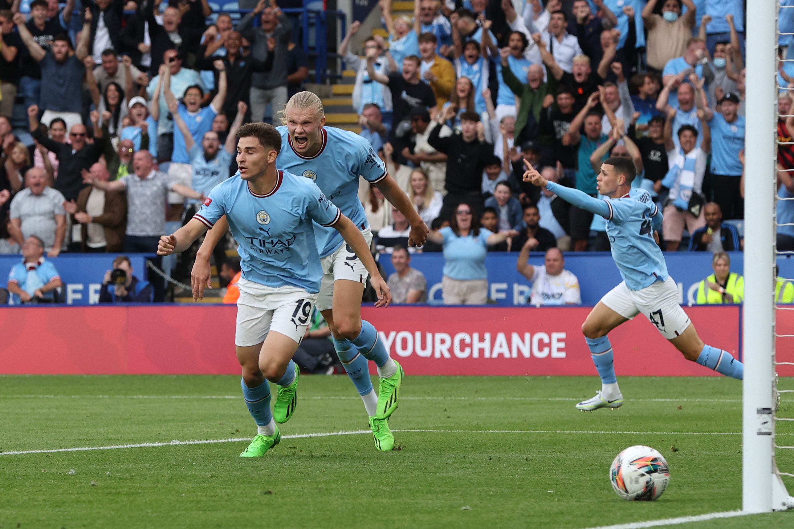 Argentinian striker Julian Alvarez (19) drew Man City level with his first goal for the club