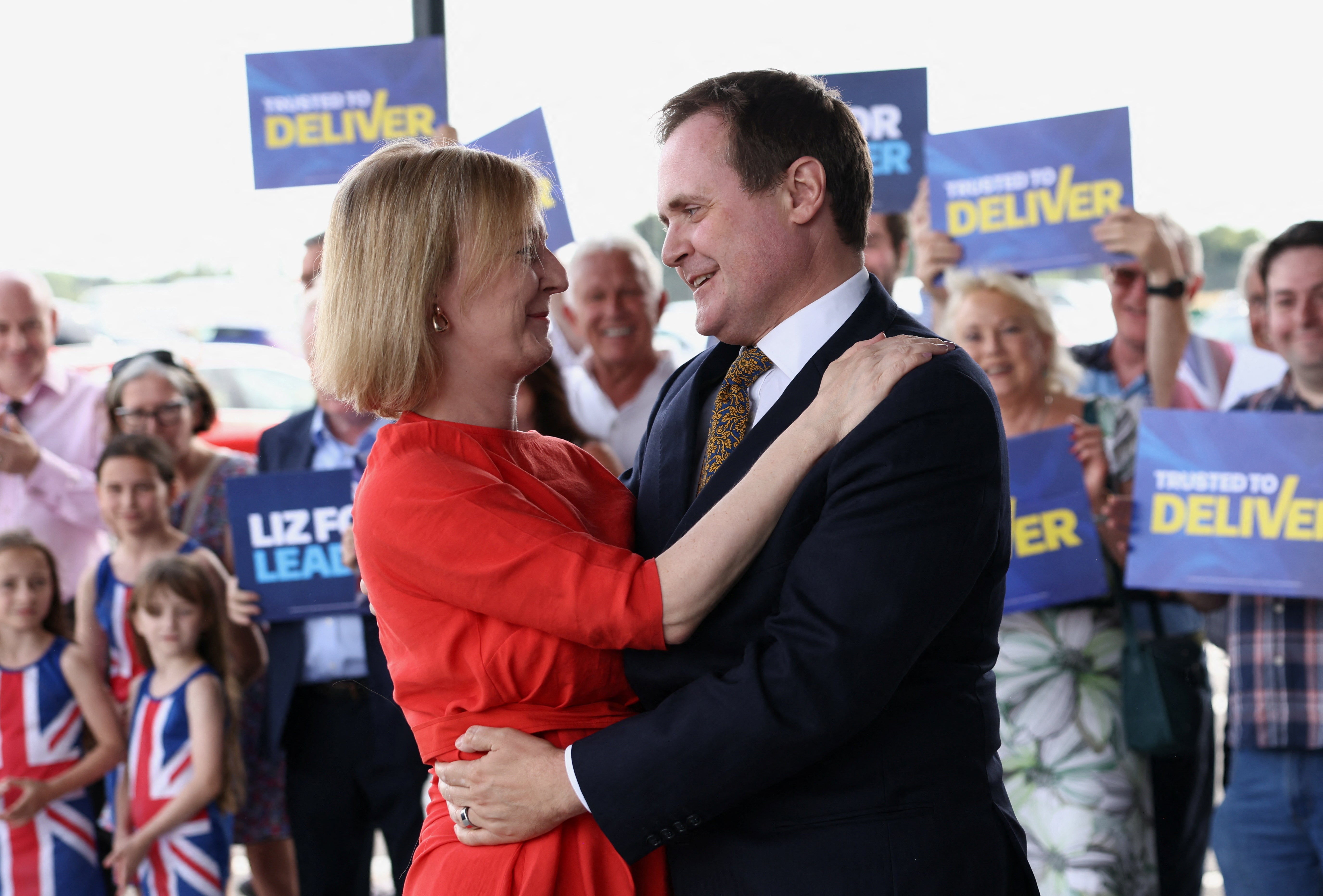 Liz Truss with supporter Tom Tugendhat at a campaign event at Biggin Hill airport, Bromley