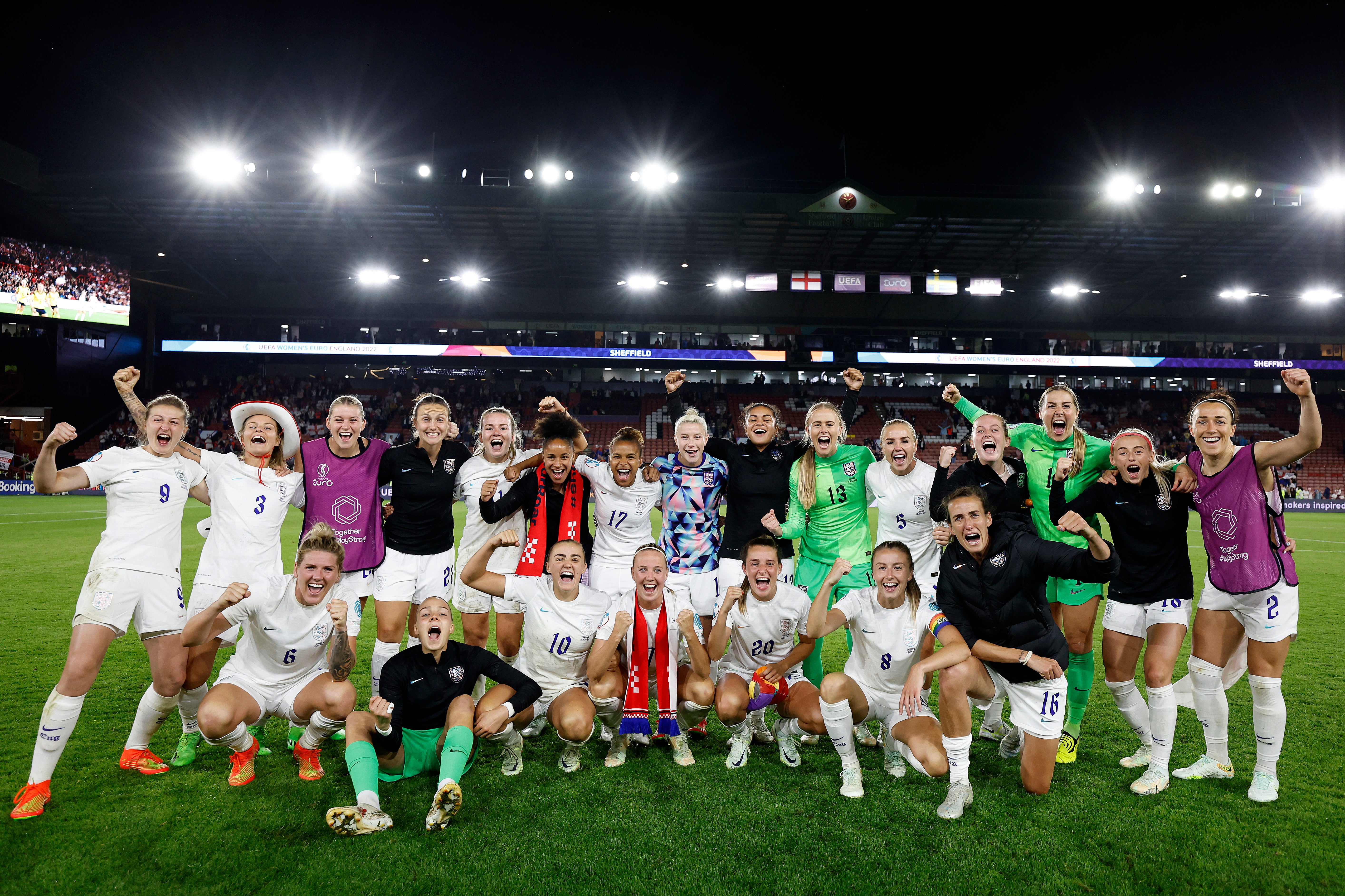 6: England players celebrate after victory in the UEFA Women's Euro 2022 Semi Final match between England and Sweden at Bramall Lane