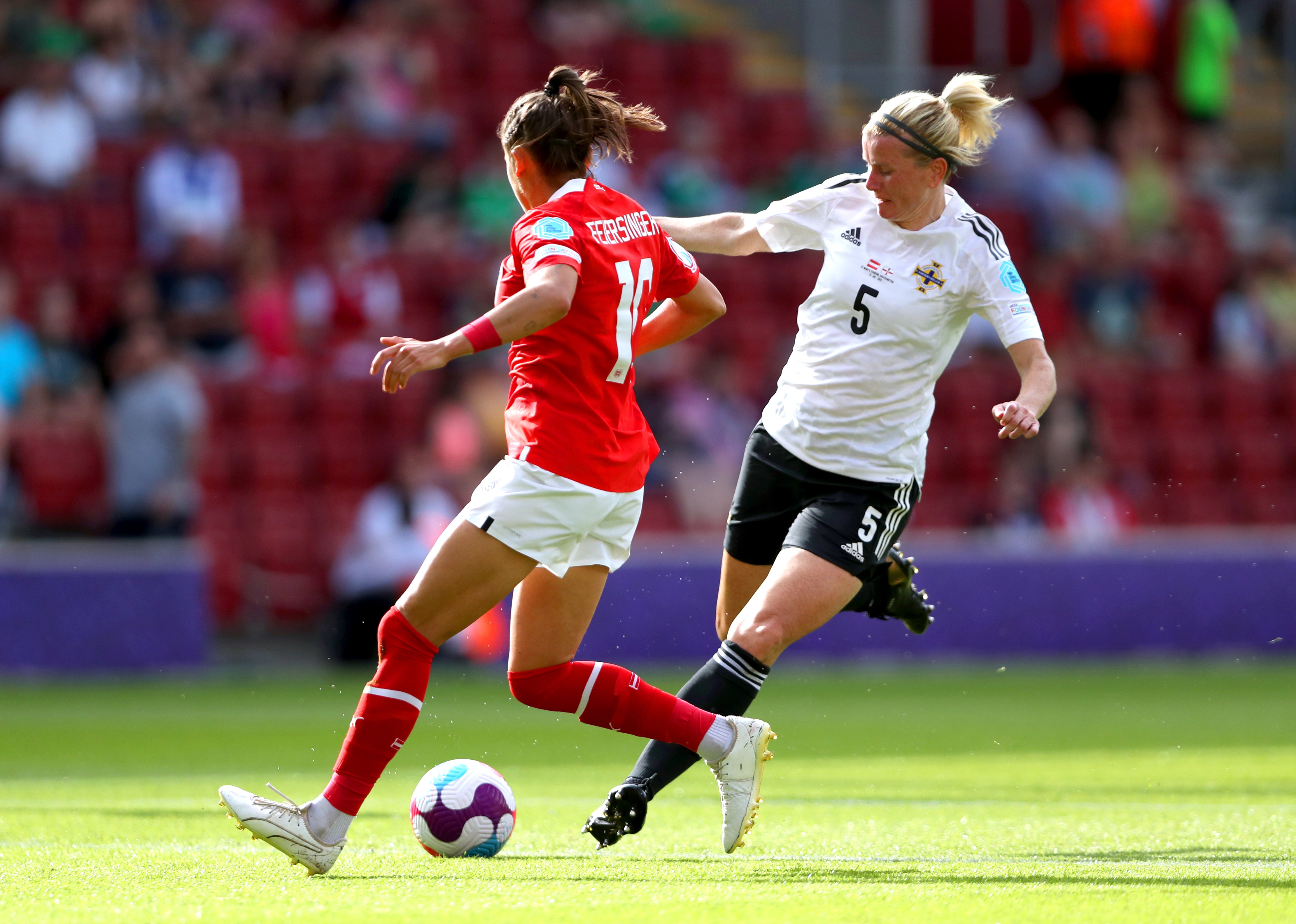 Northern Ireland’s Julie Nelson (right) in action (Kieran Cleeves/PA)