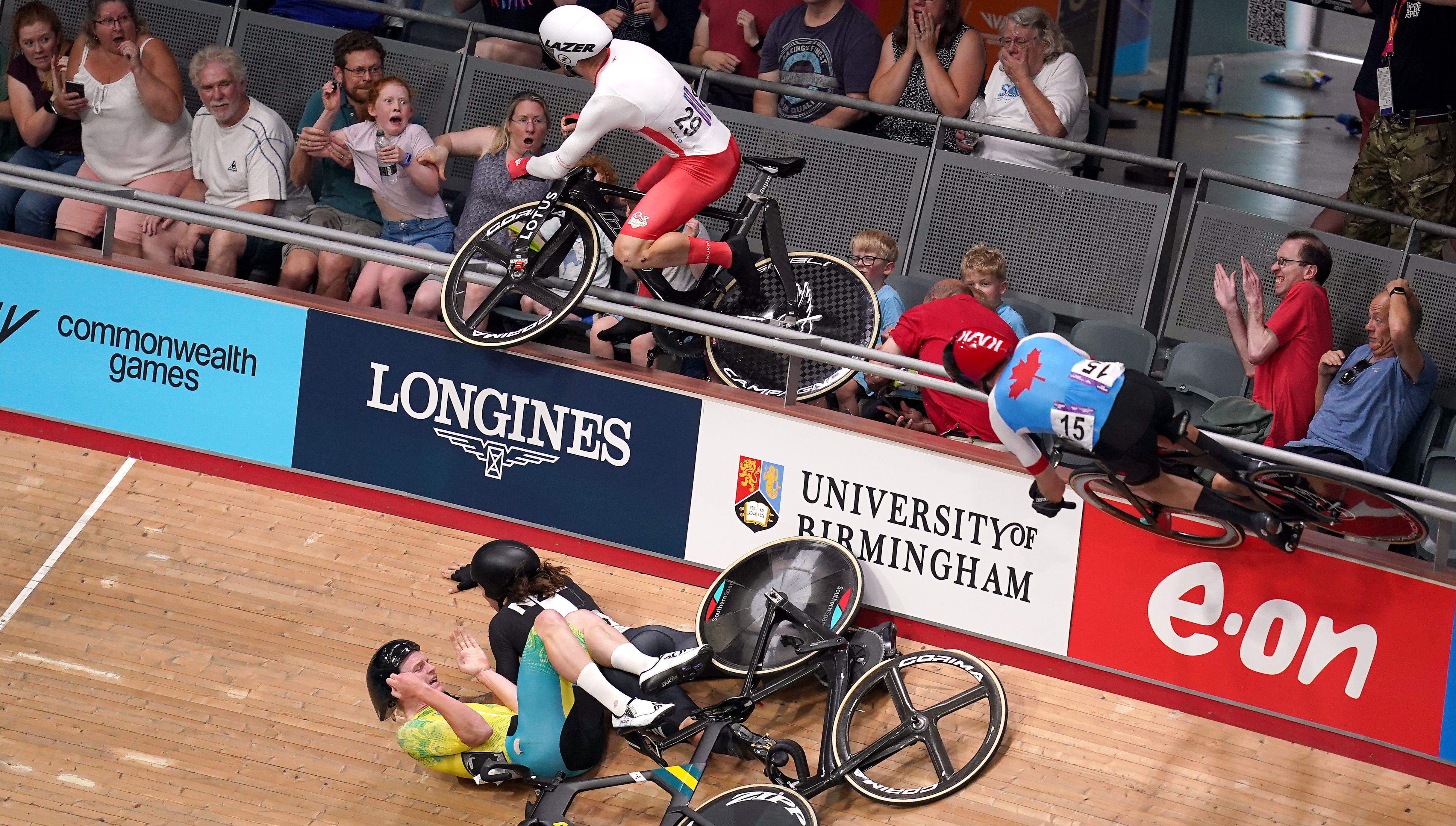 Matt Walls was sent over the barriers and into the crowds in a terrifying crash at the velodrome (John Walton/PA)