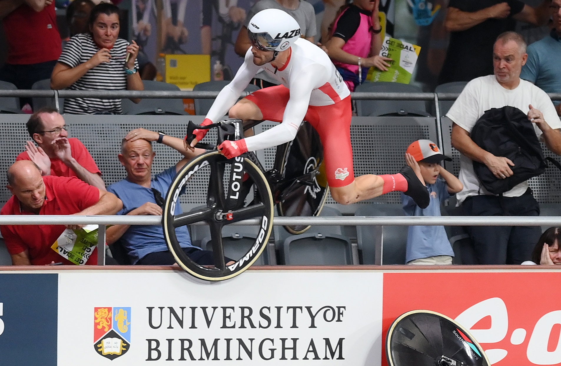 Matt Walls of England crashes at the Lee Valley VeloPark