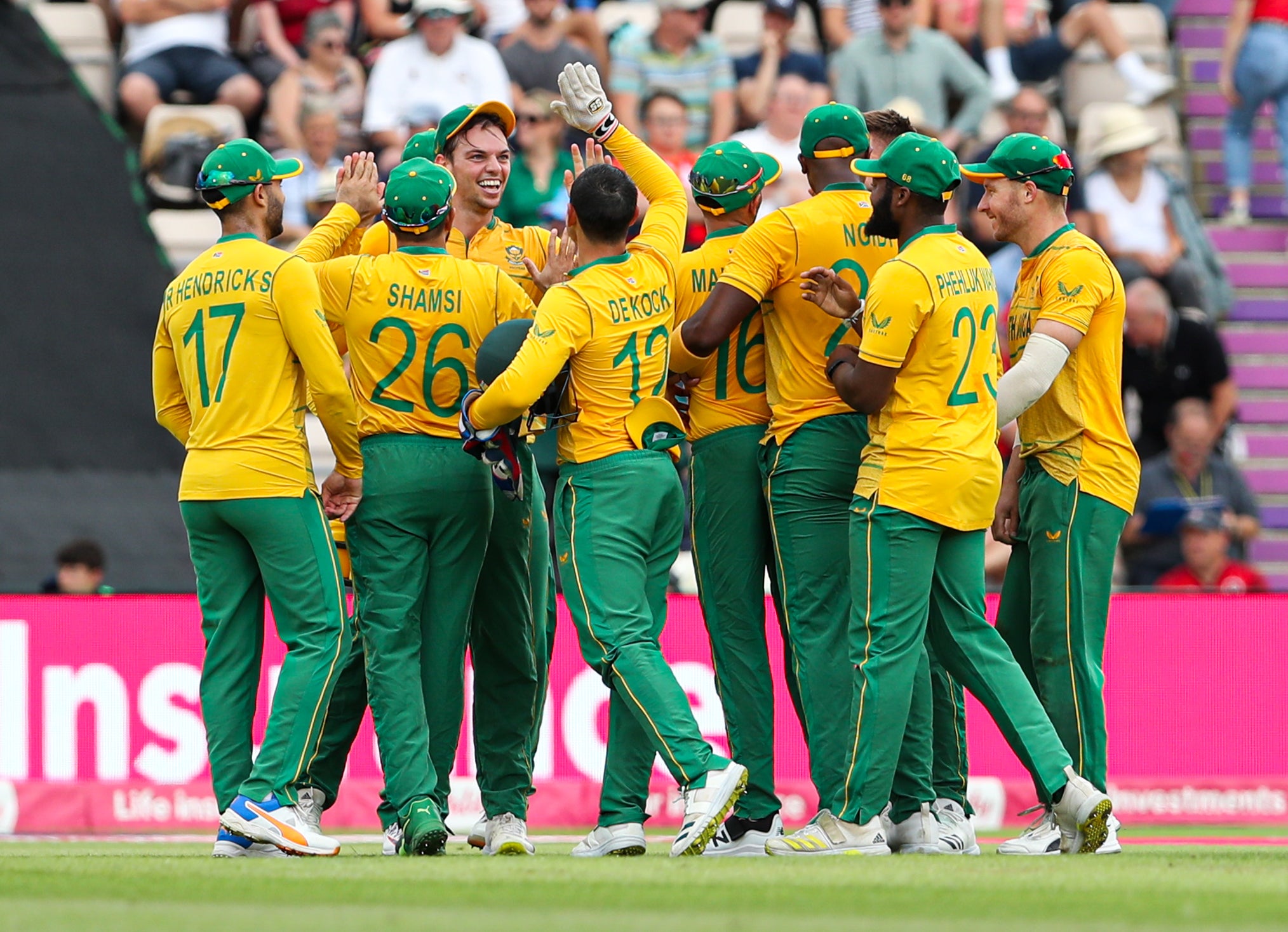 South Africa’s Tristan Stubbs celebrates after his spectacular catch removed Moeen Ali during England’s 90-run defeat in the T20 decider at the Ageas Bowl (Kieran Cleeves/PA).