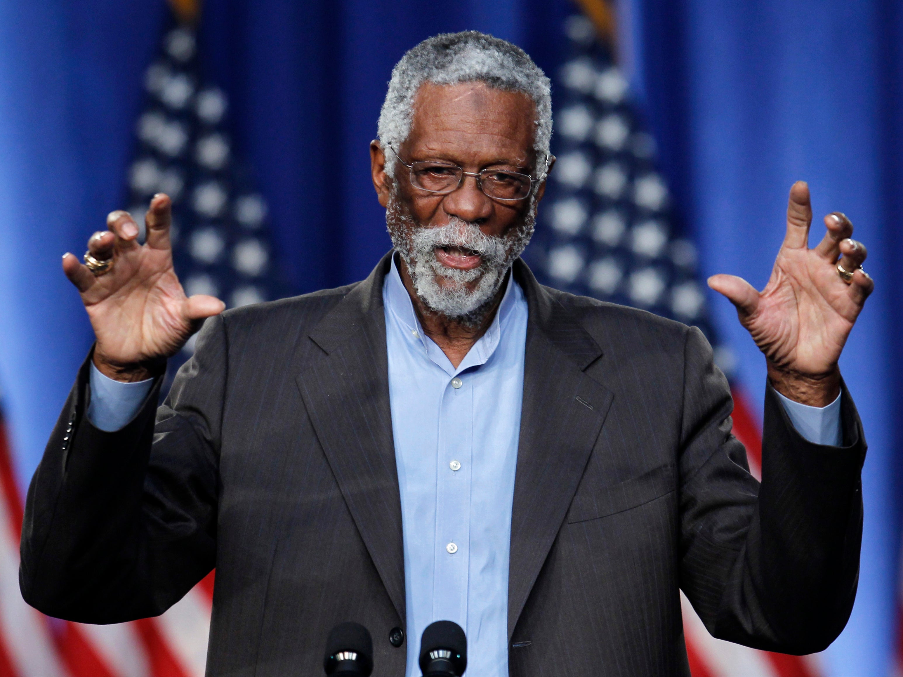 Former Boston Celtics basketball player Bill Russell addresses an audience during a campaign fundraising event, in Boston, May 18, 2011