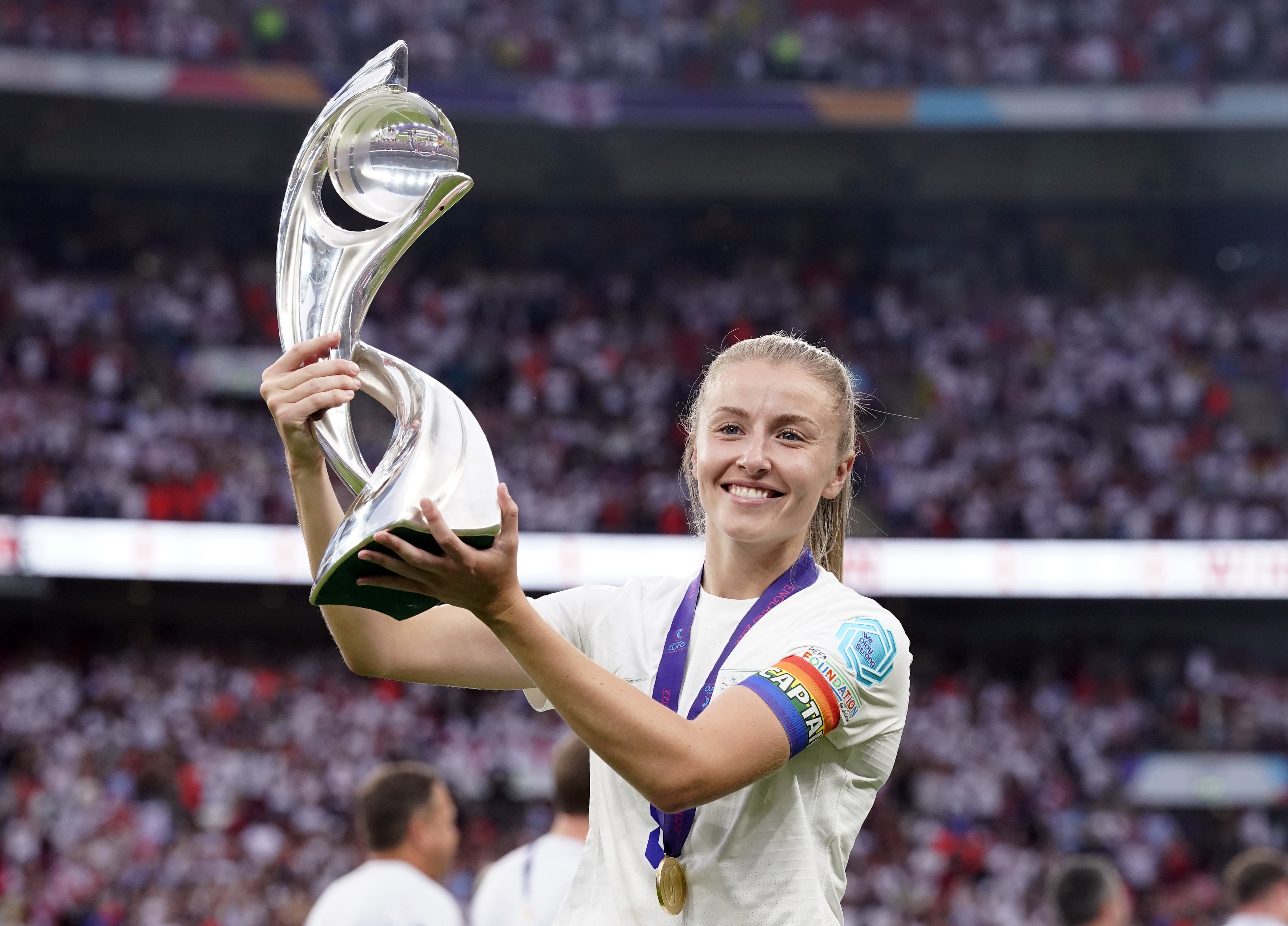 England’s Leah Williamson lifts the UEFA Women’s Euro 2022 trophy following victory over Germany in the UEFA Women’s Euro 2022 final at Wembley (Danny Lawson/PA)