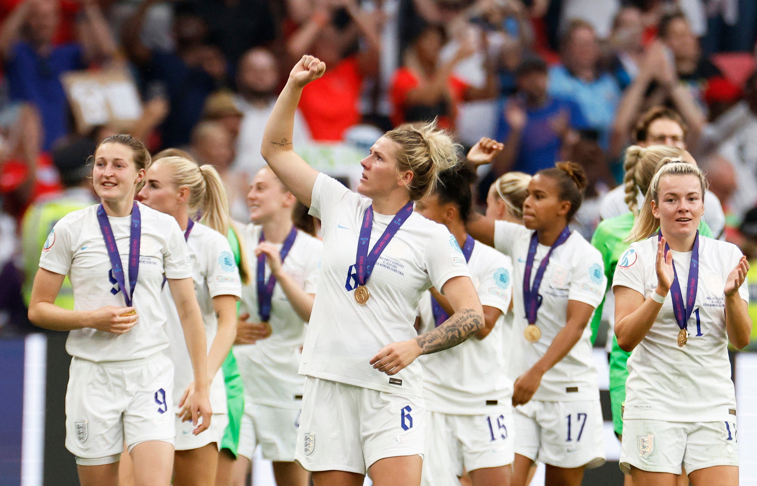 The Lionesses parade around Wembley with their winners’ medals