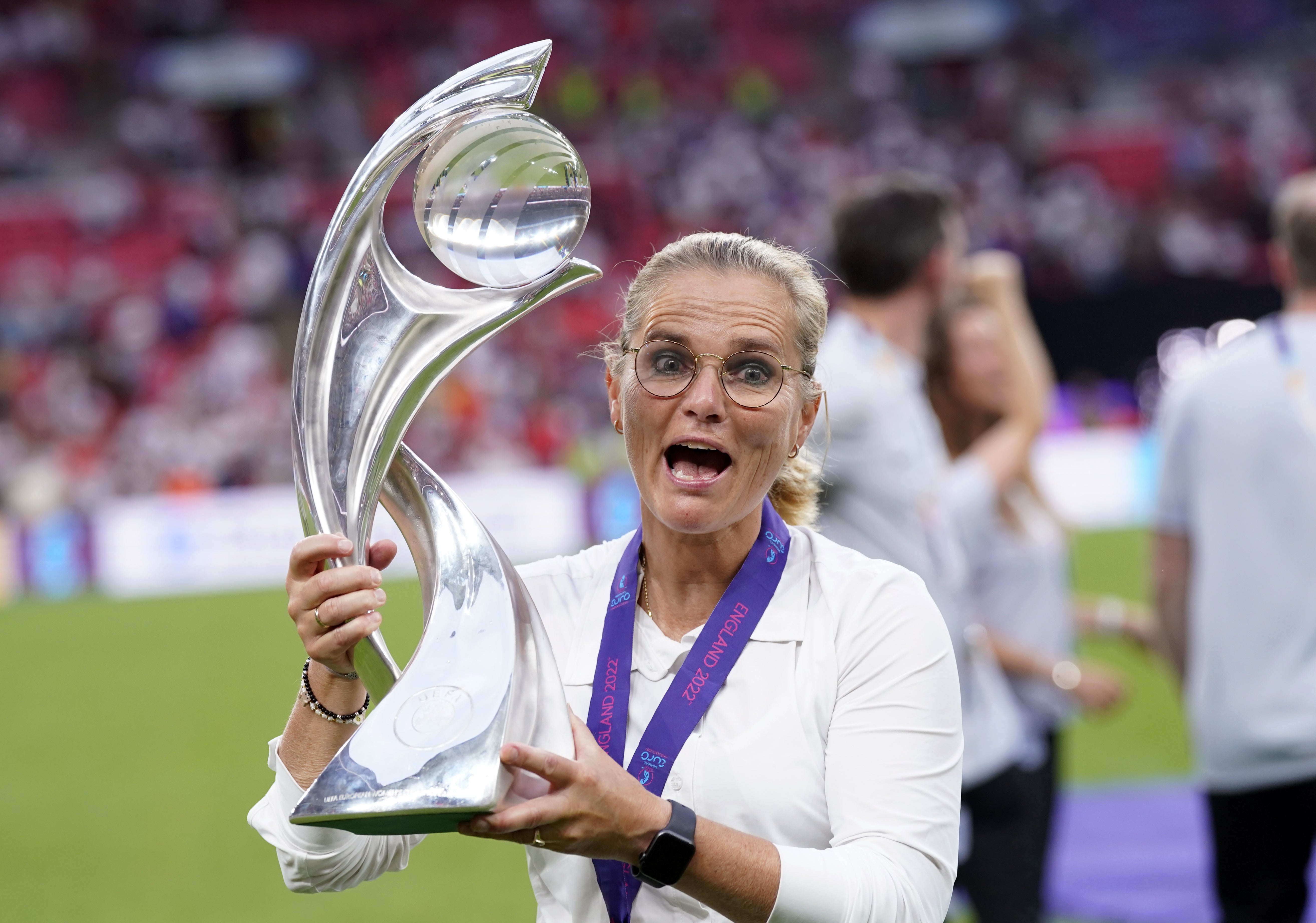 England head coach Sarina Wiegman celebrates victory (Danny Lawson/PA).