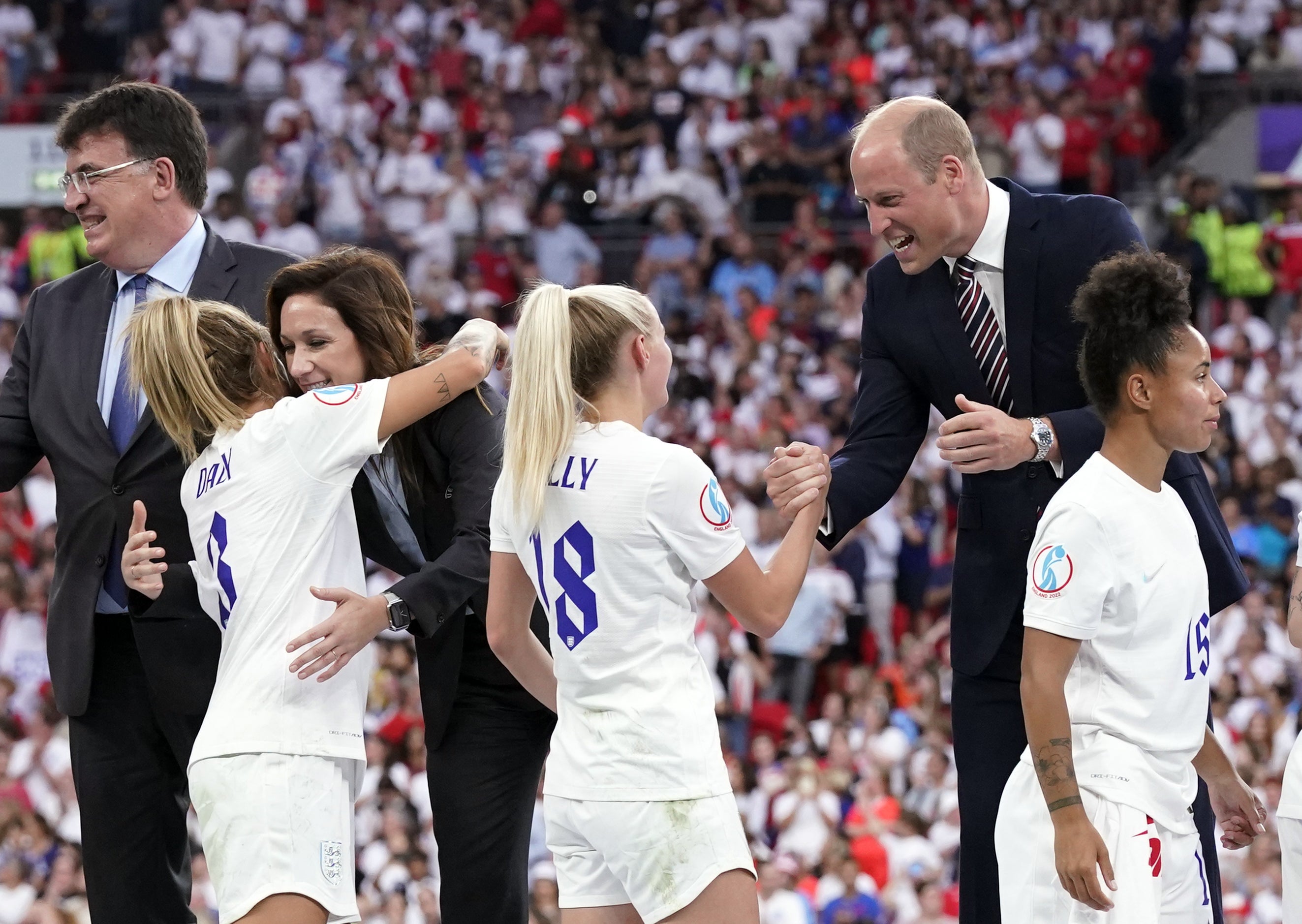 England’s Chloe Kelly with the Duke of Cambridge following England’s victory over Germany in the UEFA Women’s Euro 2022 final at Wembley