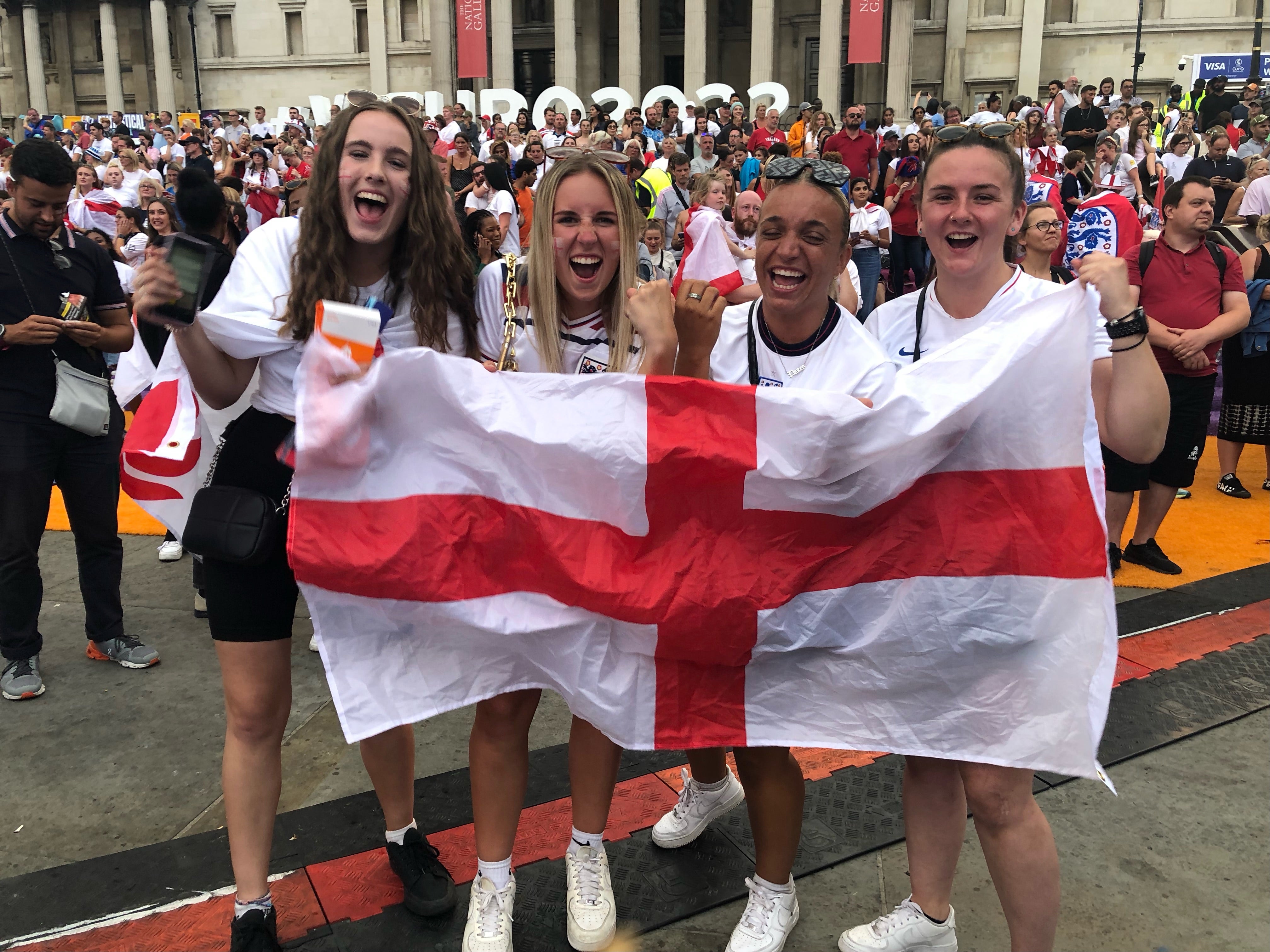 Hannah Healey (centre, left) and Rachel Fleming (centre, right) were jubilant with friends after the final whistle