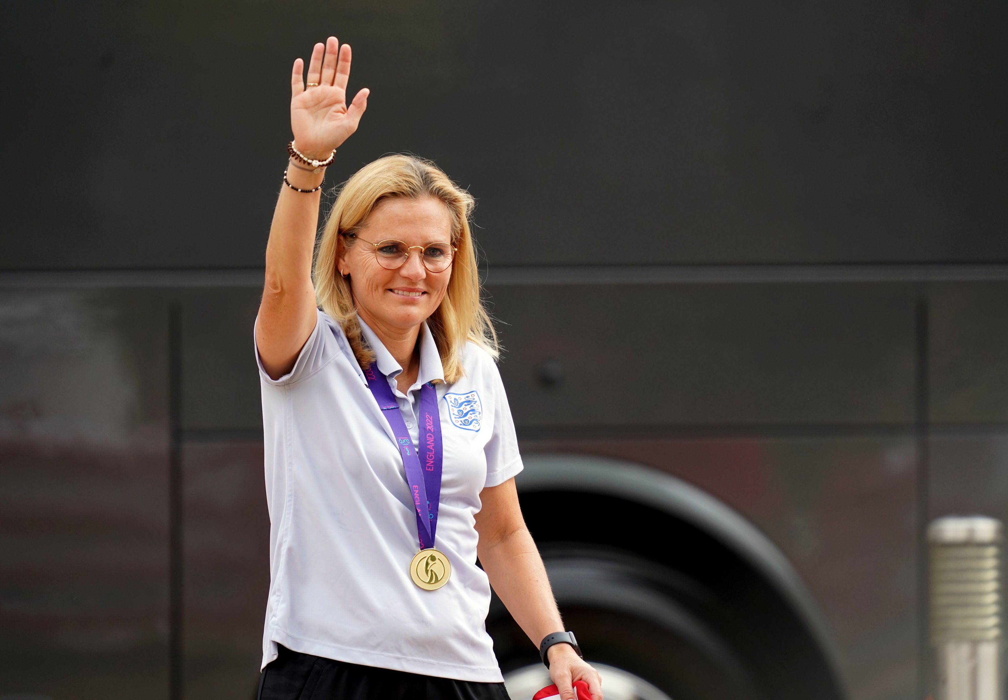 England head coach Sarina Wiegman at The Lensbury, Teddington, this morning