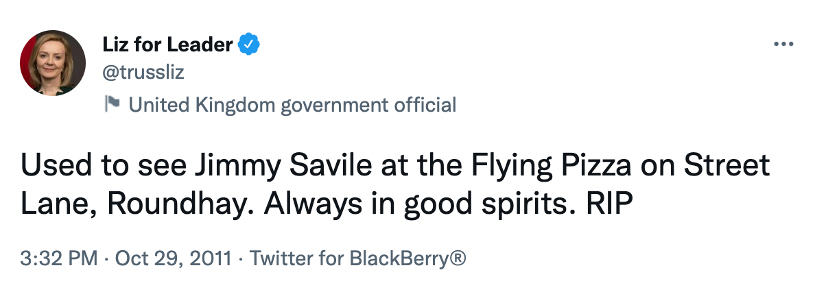 Liz Truss Jimmy Savile tweet