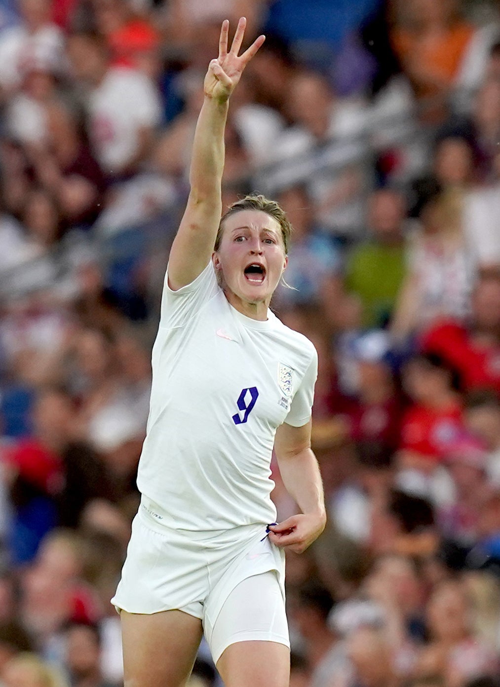 Ellen White celebrates scoring England’s sixth goal against Norway (Gareth Fuller/PA)