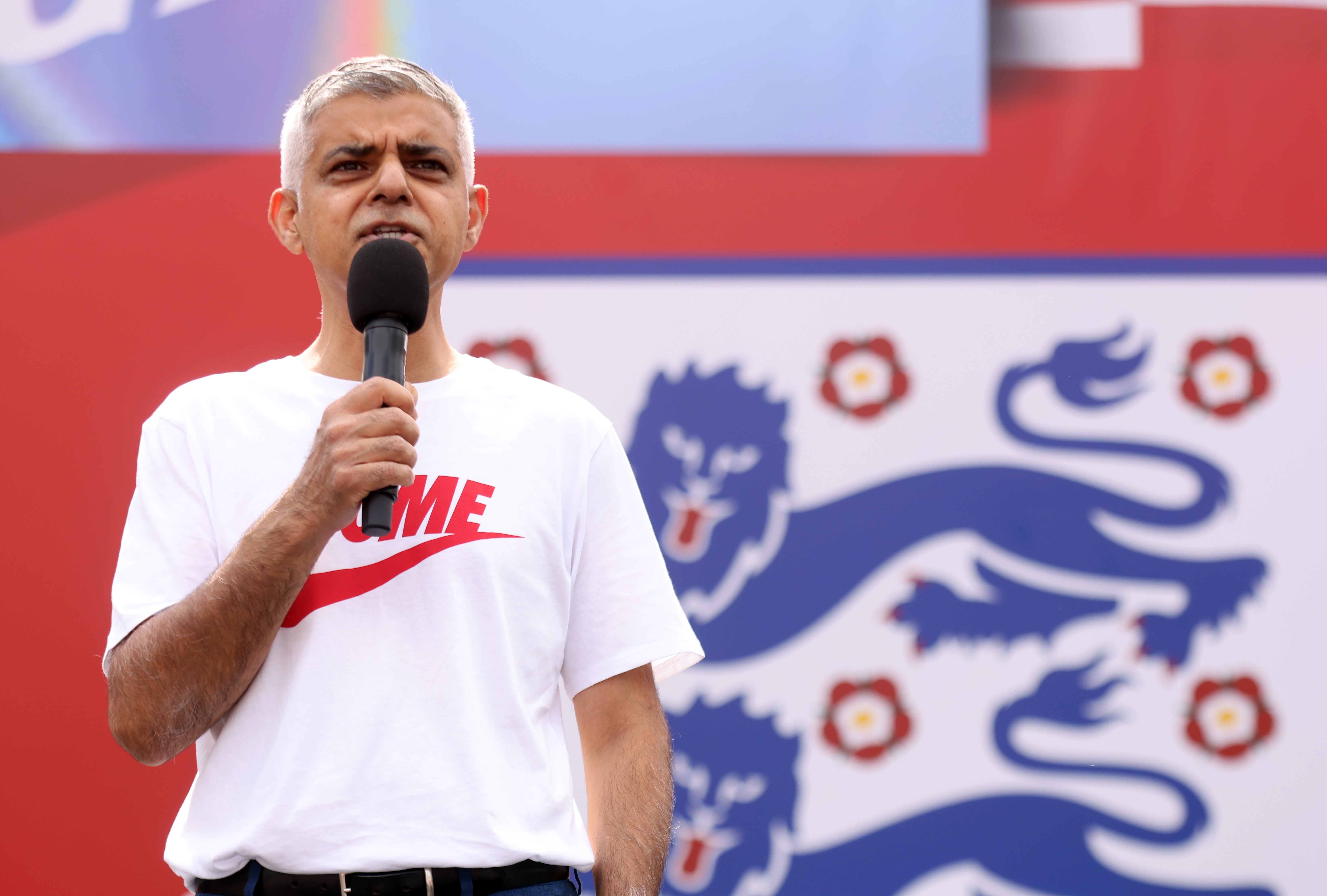 Mayor of London Sadiq Khan spoke ahead of the England squad taking to the stage. (James Manning/PA)