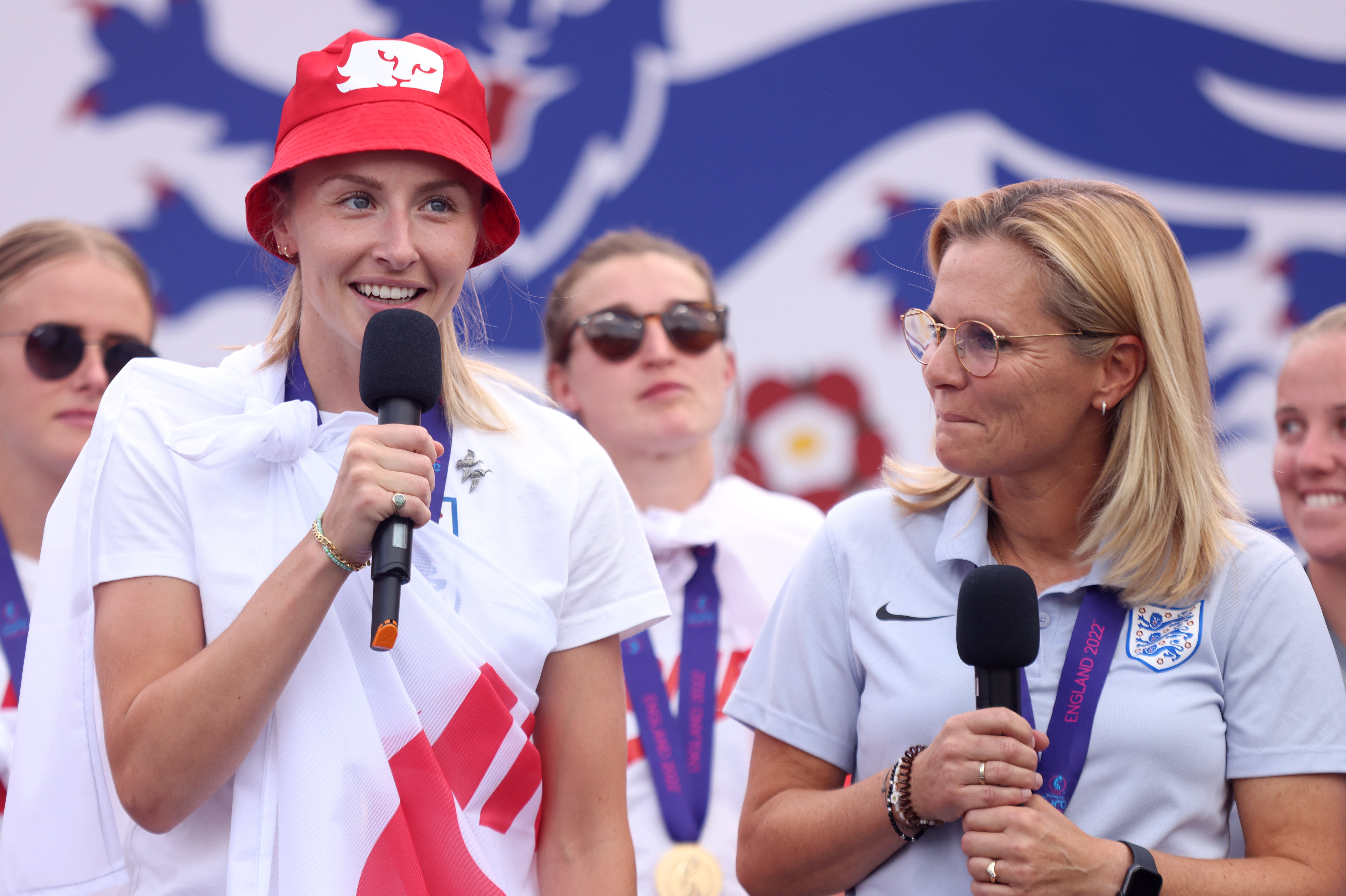 Captain Leah Williamson and head coach Sarina Wiegman lead the on-stage celebrations. (James Manning/PA)